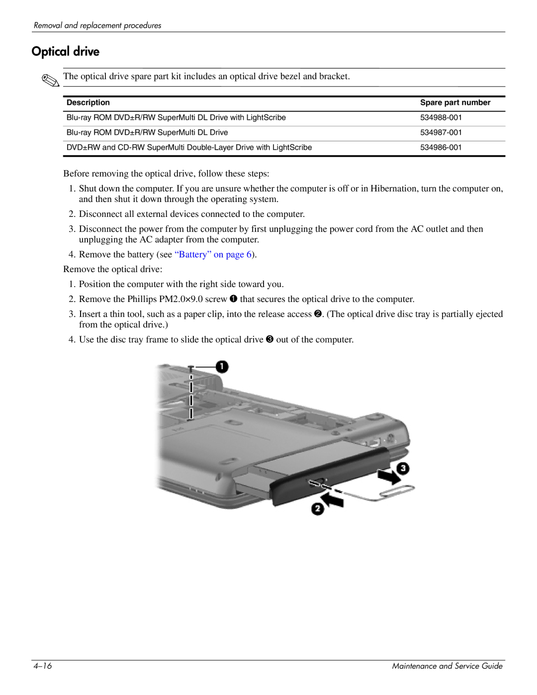 HP CQ35-230TX, CQ35-229TX, CQ35-227TX, CQ35-224TX, CQ35-225TX, CQ35-221TU, CQ35-207TU, CQ35-213TX, CQ35-220TU manual Optical drive 