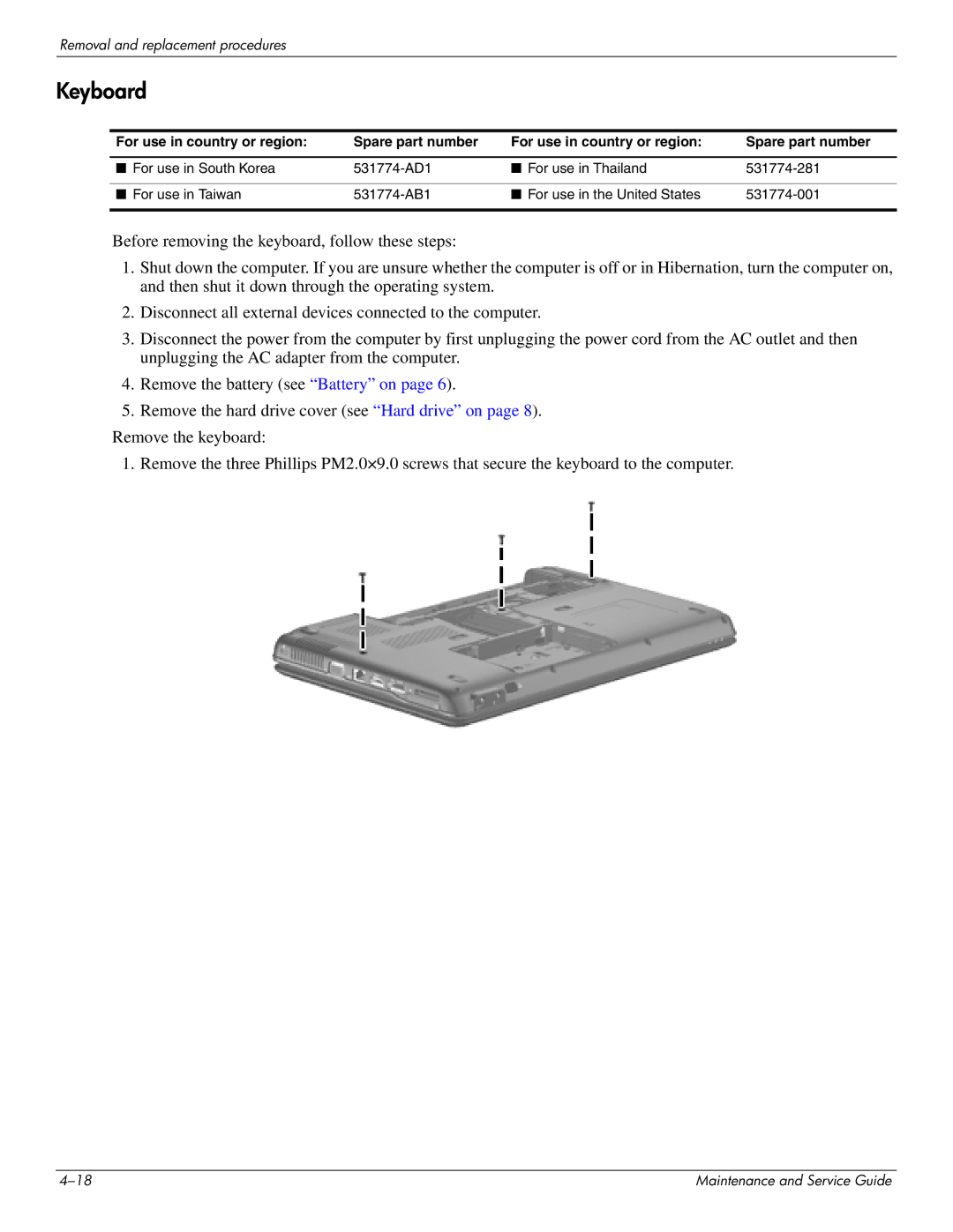 HP CQ35-243TX, CQ35-229TX, CQ35-227TX, CQ35-224TX, CQ35-225TX manual Keyboard, For use in country or region Spare part number 