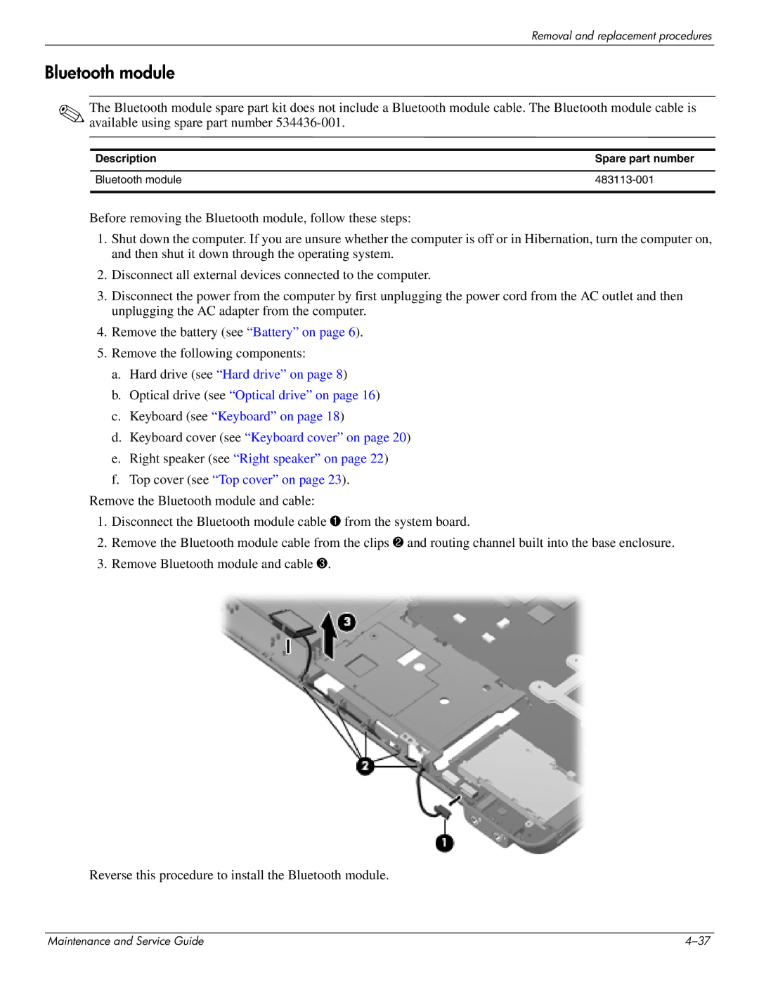 HP CQ35-207TU, CQ35-229TX, CQ35-227TX, CQ35-224TX, CQ35-225TX Description Spare part number Bluetooth module 483113-001 