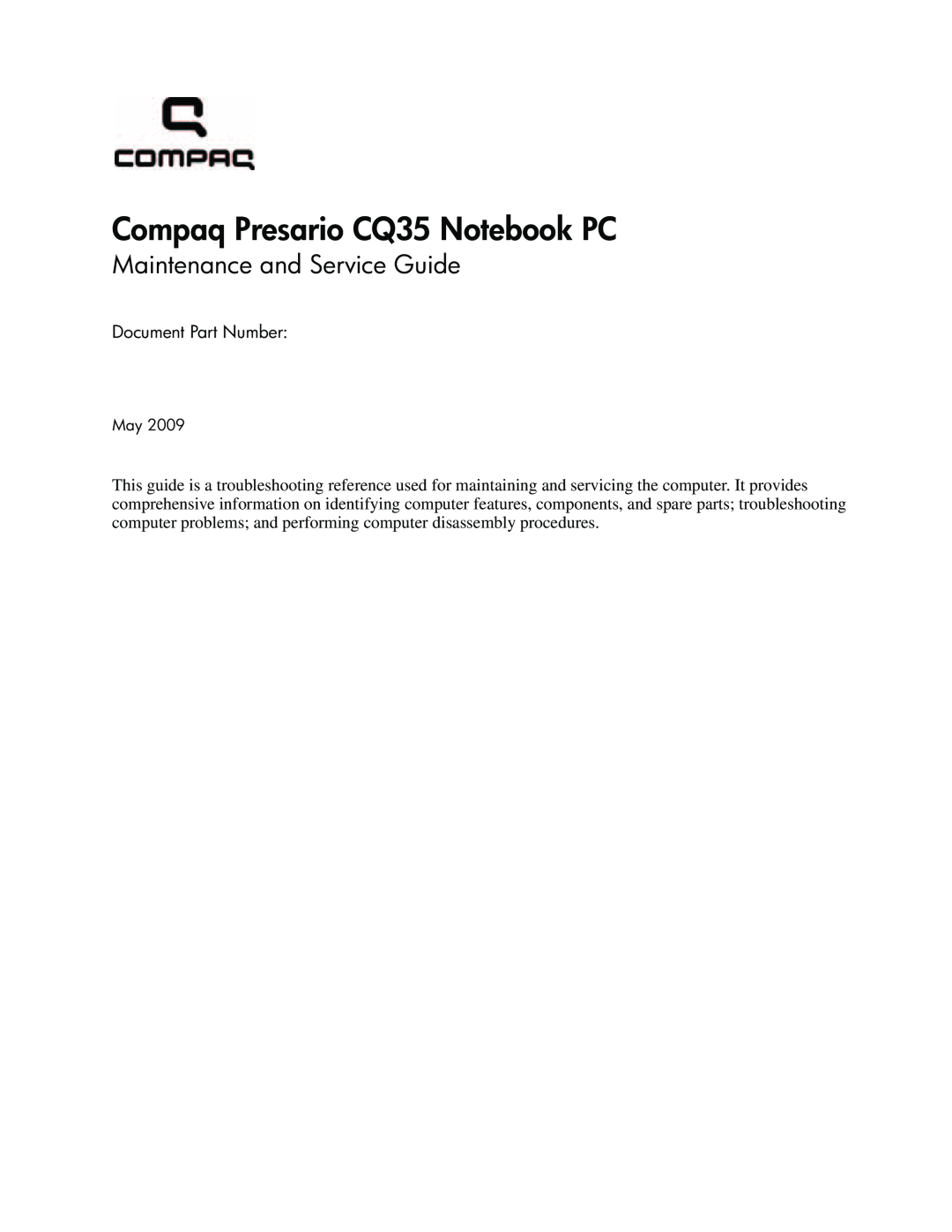 HP CQ35-227TX, CQ35-229TX manual Compaq Presario CQ35 Notebook PC, Maintenance and Service Guide, Document Part Number 