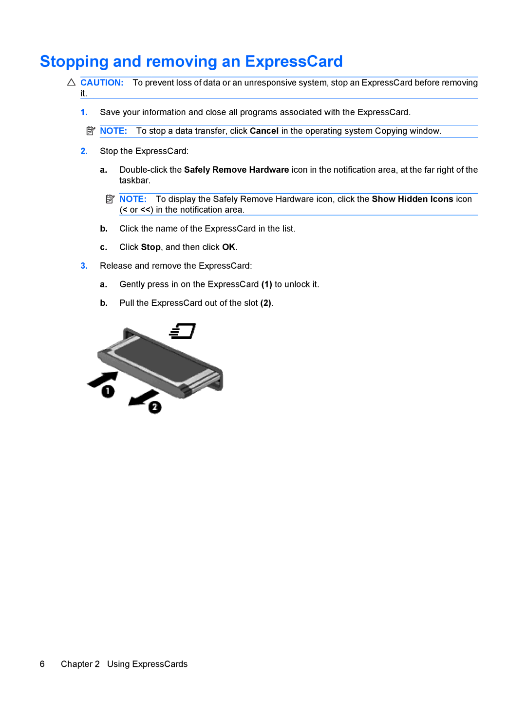 HP CQ35-129TX, CQ35-229TX, CQ35-227TX, CQ35-225TX, CQ35-221TU, CQ35-207TU, CQ35-213TX manual Stopping and removing an ExpressCard 