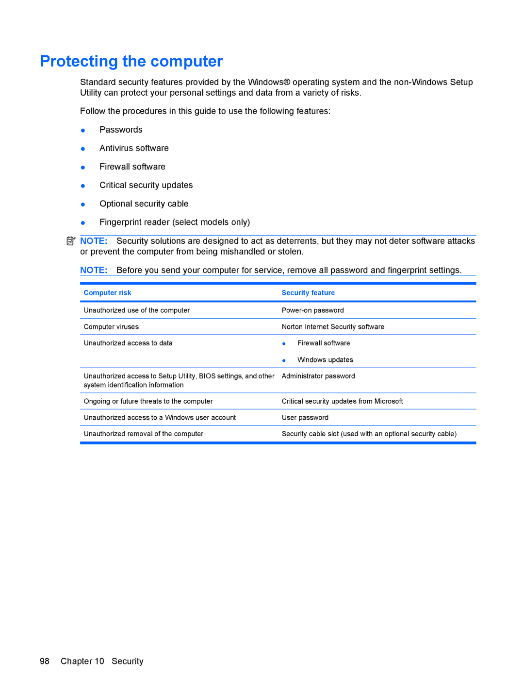 HP CQ35-313TX, CQ35-304TU, CQ36-108TX, CQ36-109TX, CQ36-106TX manual Protecting the computer, Computer risk Security feature 