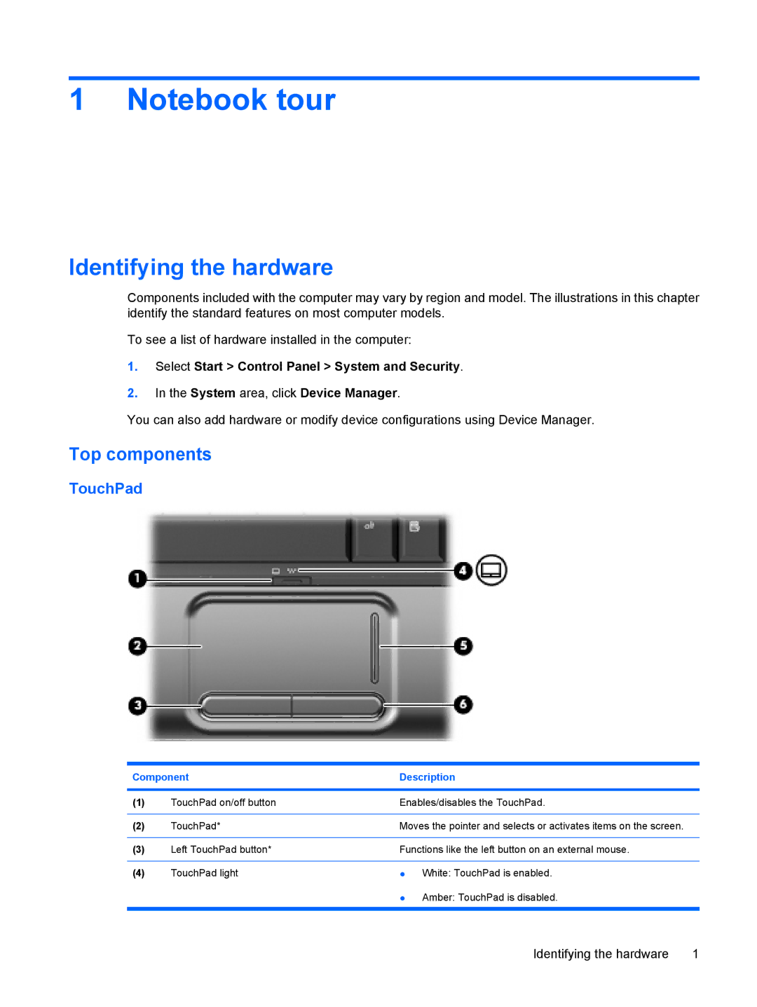 HP CQ35-320TX, CQ35-304TU, CQ36-108TX, CQ36-109TX, CQ36-106TX, CQ36-104TX Identifying the hardware, Top components, TouchPad 