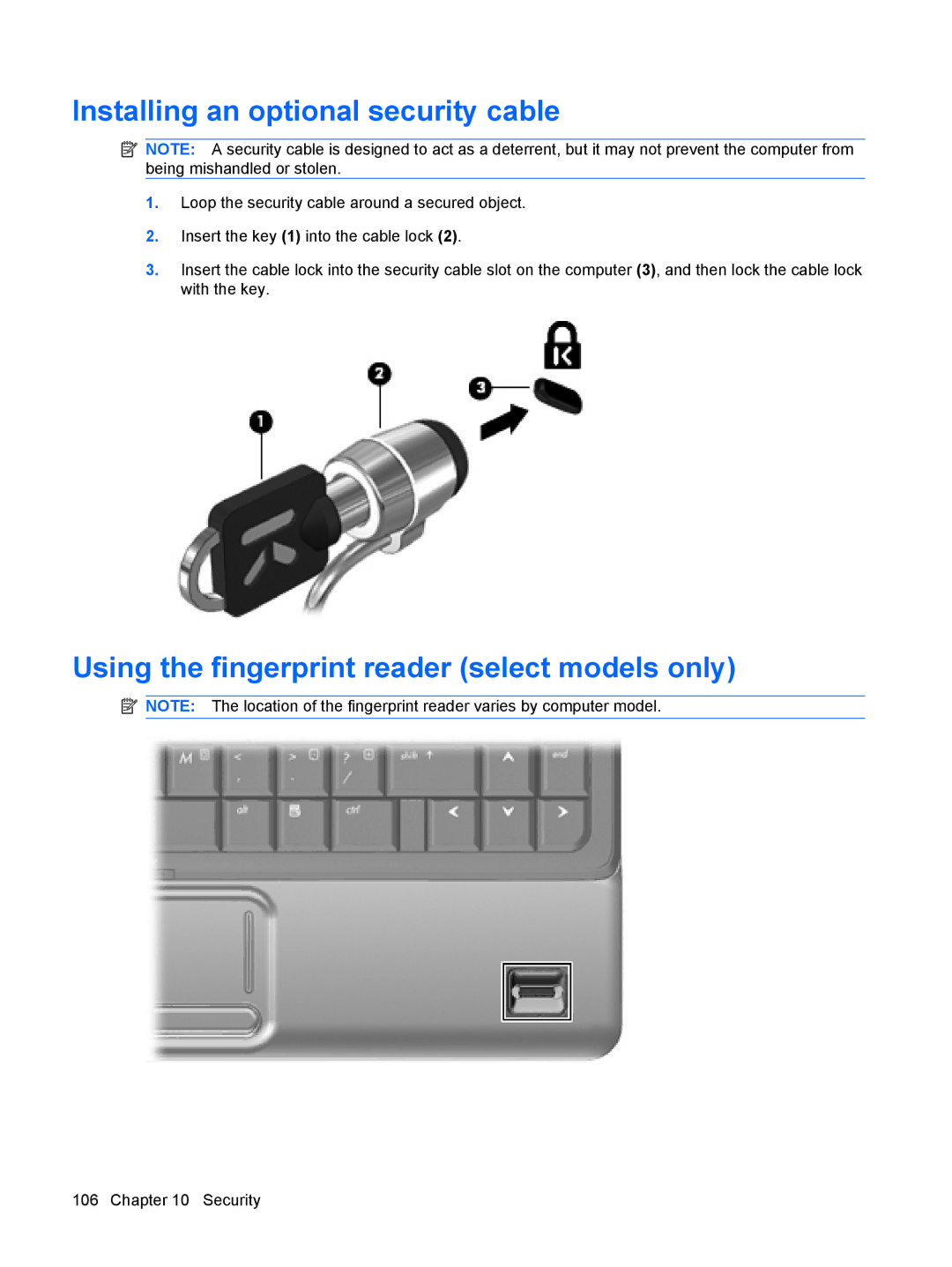 HP CQ36-104TX, CQ35-304TU manual Installing an optional security cable, Using the fingerprint reader select models only 