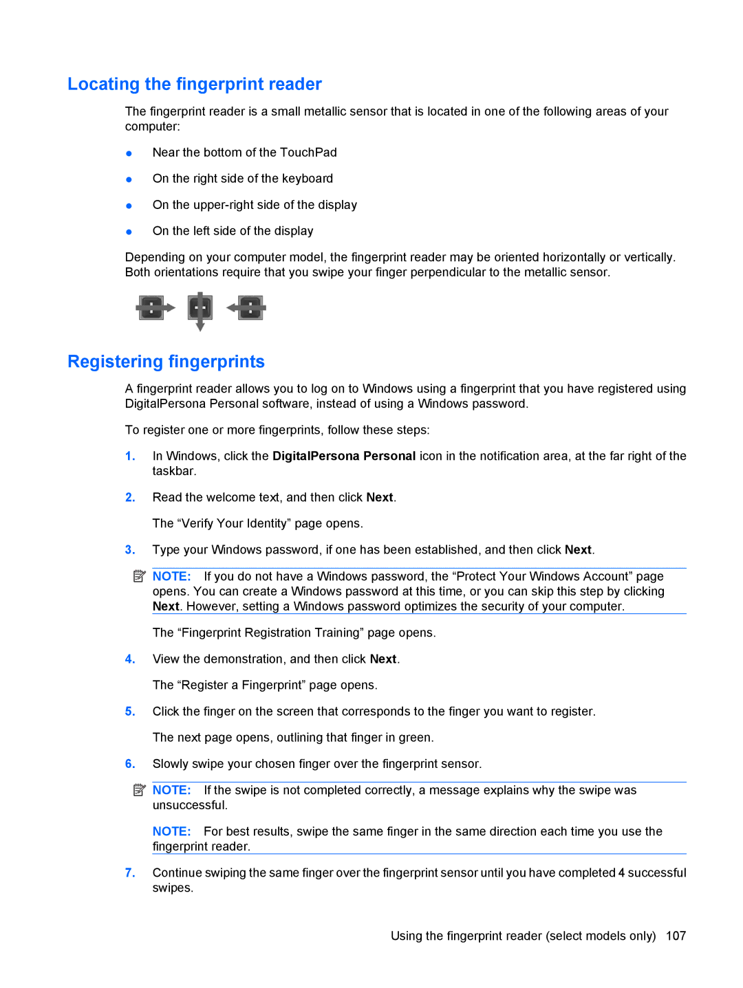 HP CQ35-406TX, CQ35-304TU, CQ36-108TX, CQ36-109TX, CQ36-106TX manual Locating the fingerprint reader, Registering fingerprints 