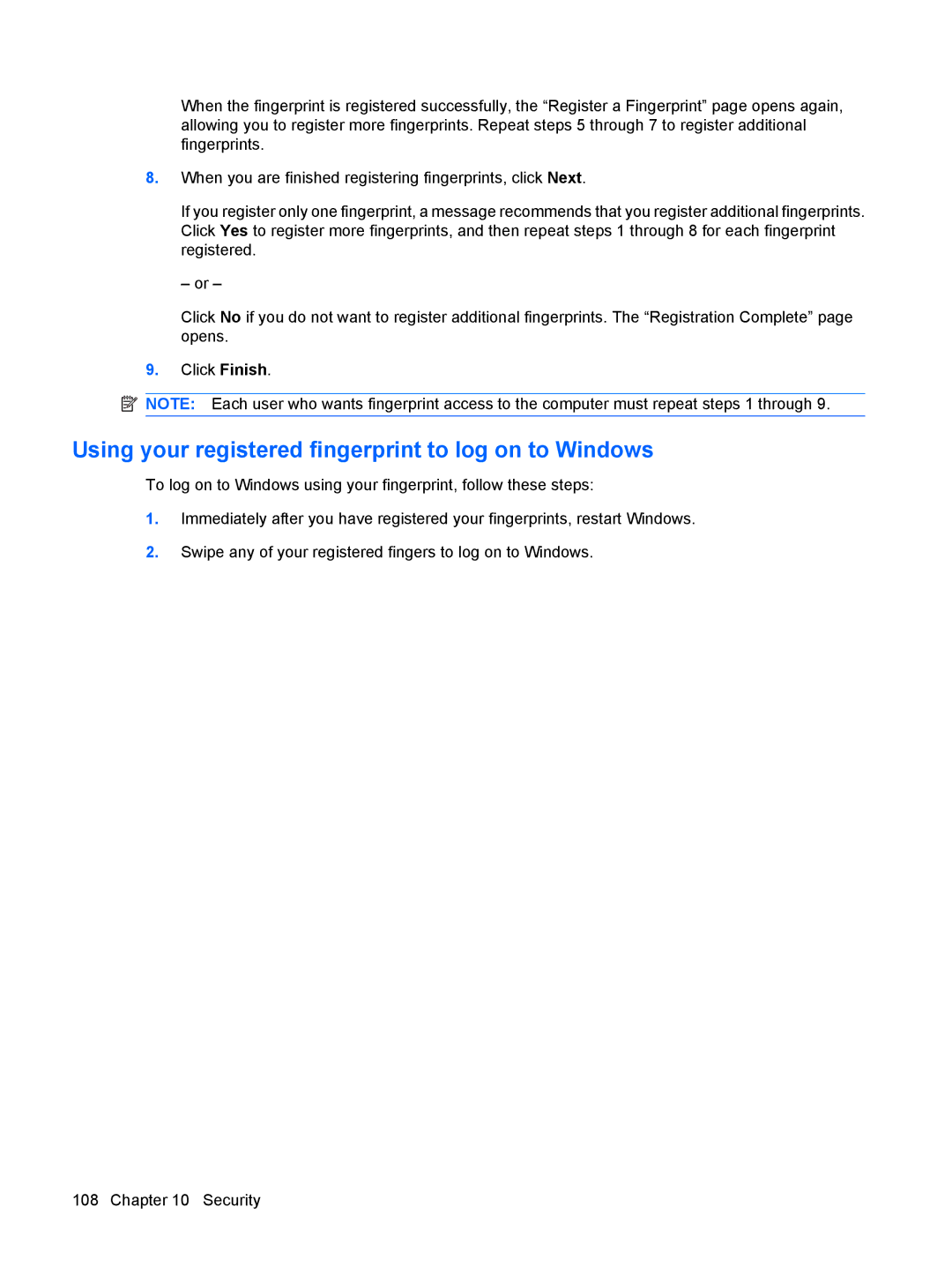 HP CQ35-321TX, CQ35-304TU, CQ36-108TX, CQ36-109TX, CQ36-106TX manual Using your registered fingerprint to log on to Windows 