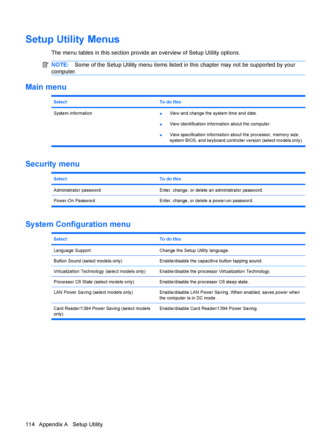 HP CQ35-313TX, CQ35-304TU, CQ36-108TX, CQ36-109TX Setup Utility Menus, Main menu, Security menu, System Configuration menu 