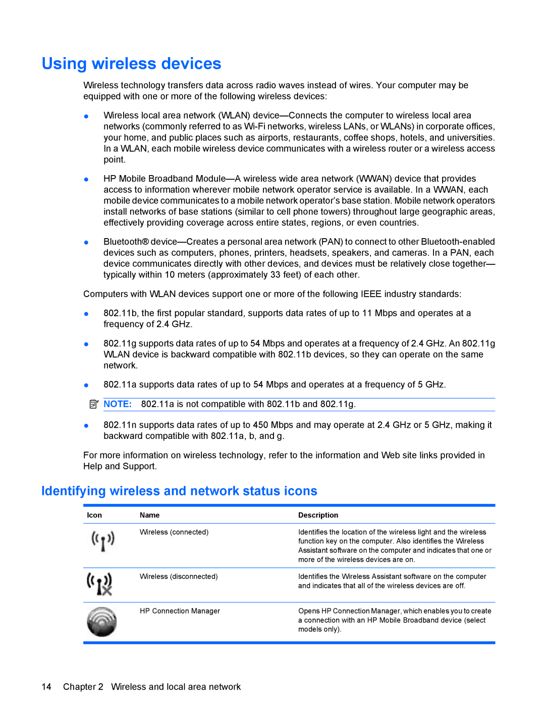 HP CQ35-332TX, CQ35-304TU, CQ36-108TX, CQ36-109TX manual Using wireless devices, Identifying wireless and network status icons 