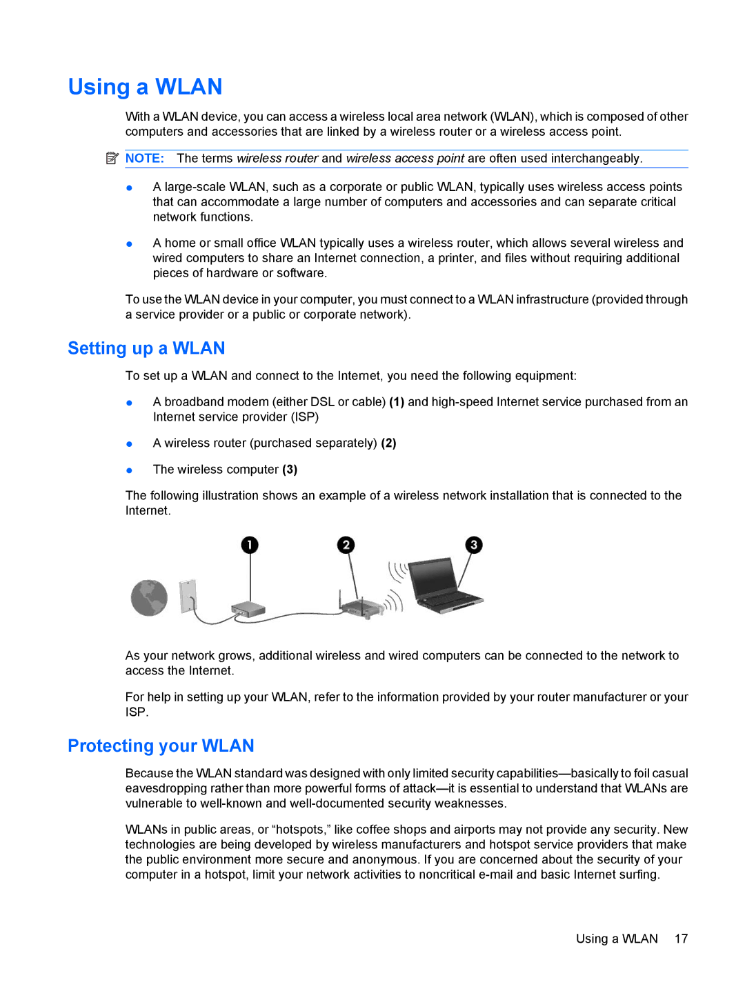 HP CQ35-320TX, CQ35-304TU, CQ36-108TX, CQ36-109TX, CQ36-106TX manual Using a Wlan, Setting up a Wlan, Protecting your Wlan 