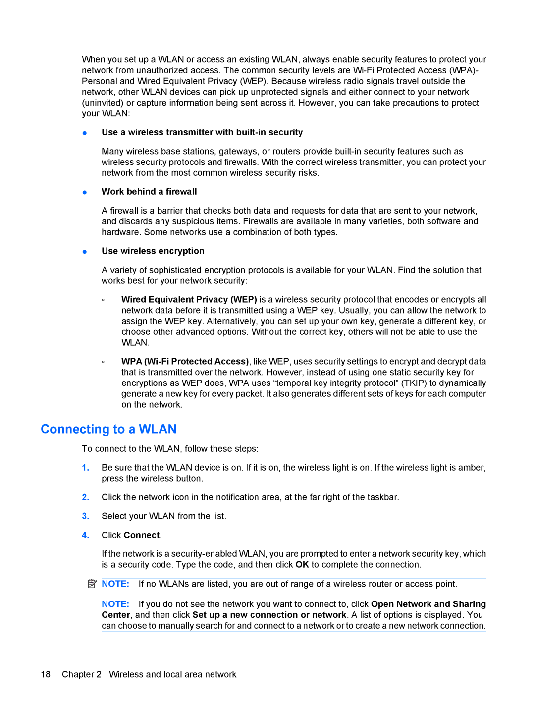 HP CQ35-313TX, CQ35-304TU, CQ36-108TX, CQ36-109TX Connecting to a Wlan, Use a wireless transmitter with built-in security 