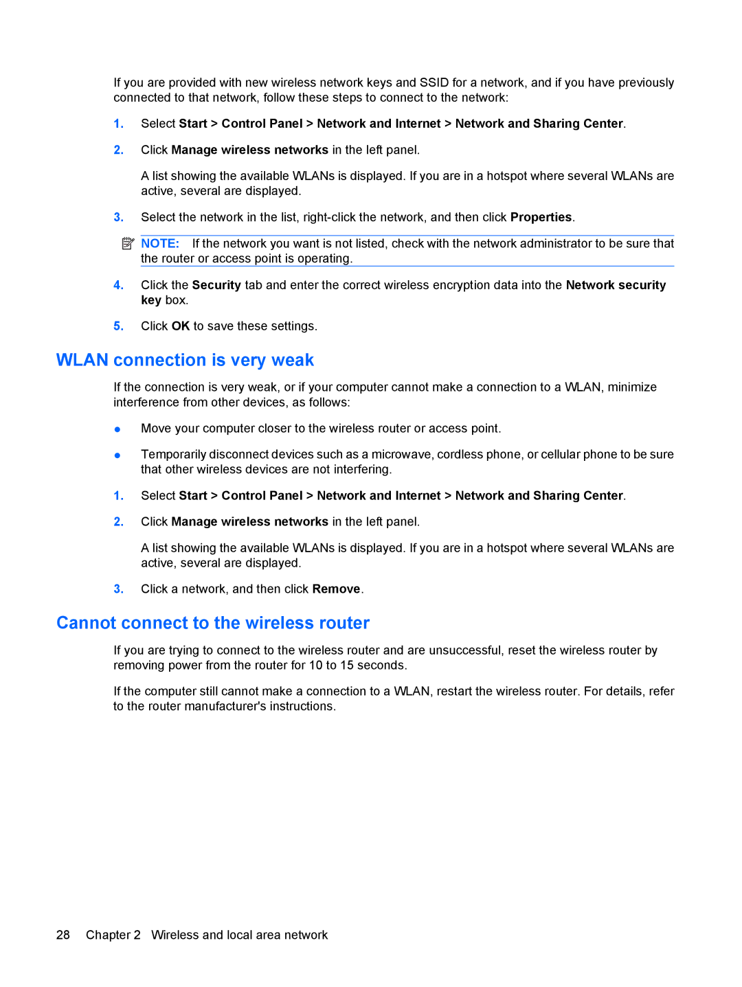 HP CQ35-321TX, CQ35-304TU, CQ36-108TX, CQ36-109TX manual Wlan connection is very weak, Cannot connect to the wireless router 