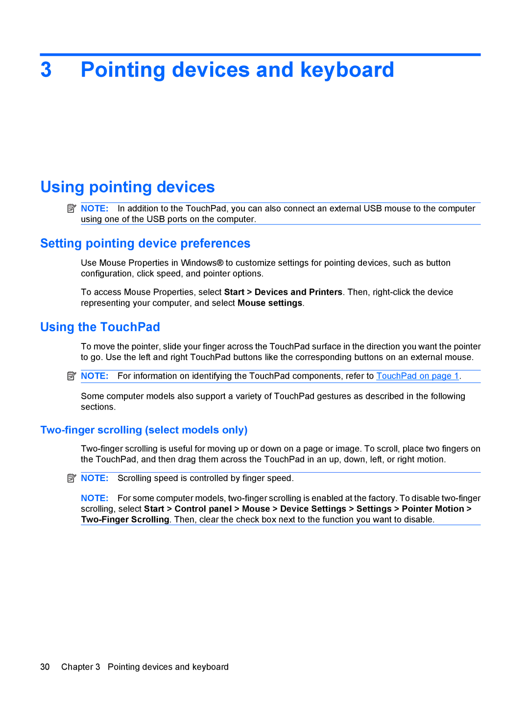 HP CQ35-332TX, CQ35-304TU manual Pointing devices and keyboard, Using pointing devices, Setting pointing device preferences 