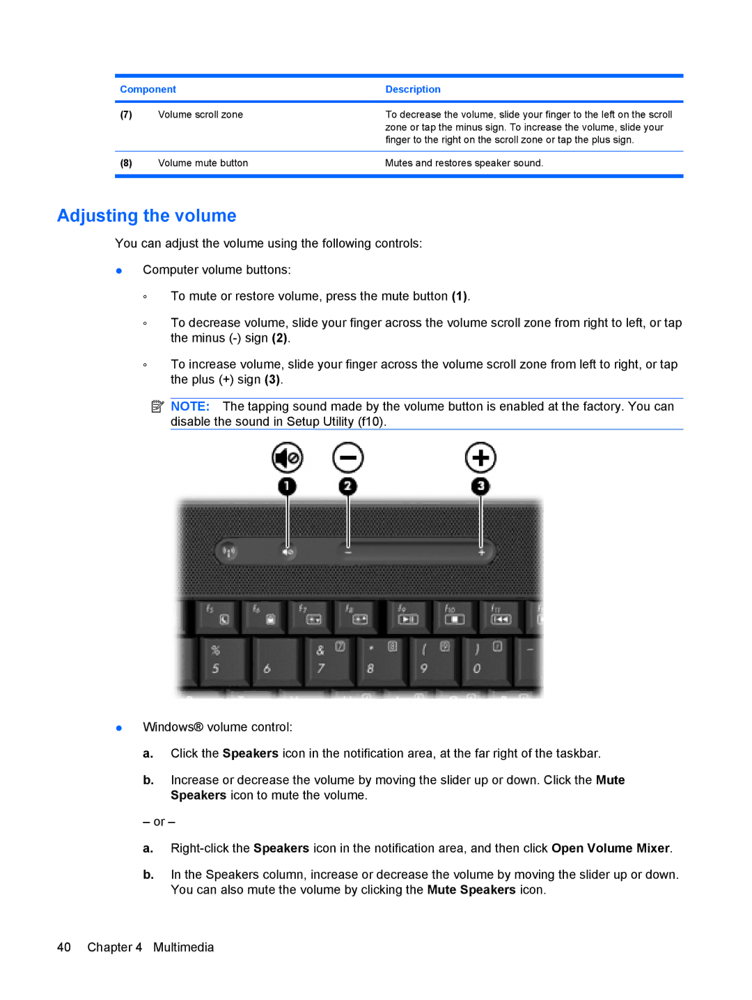 HP CQ36-109TX, CQ35-304TU, CQ36-108TX, CQ36-106TX, CQ36-104TX, CQ35-406TX, CQ35-321TX, CQ35-406TU manual Adjusting the volume 