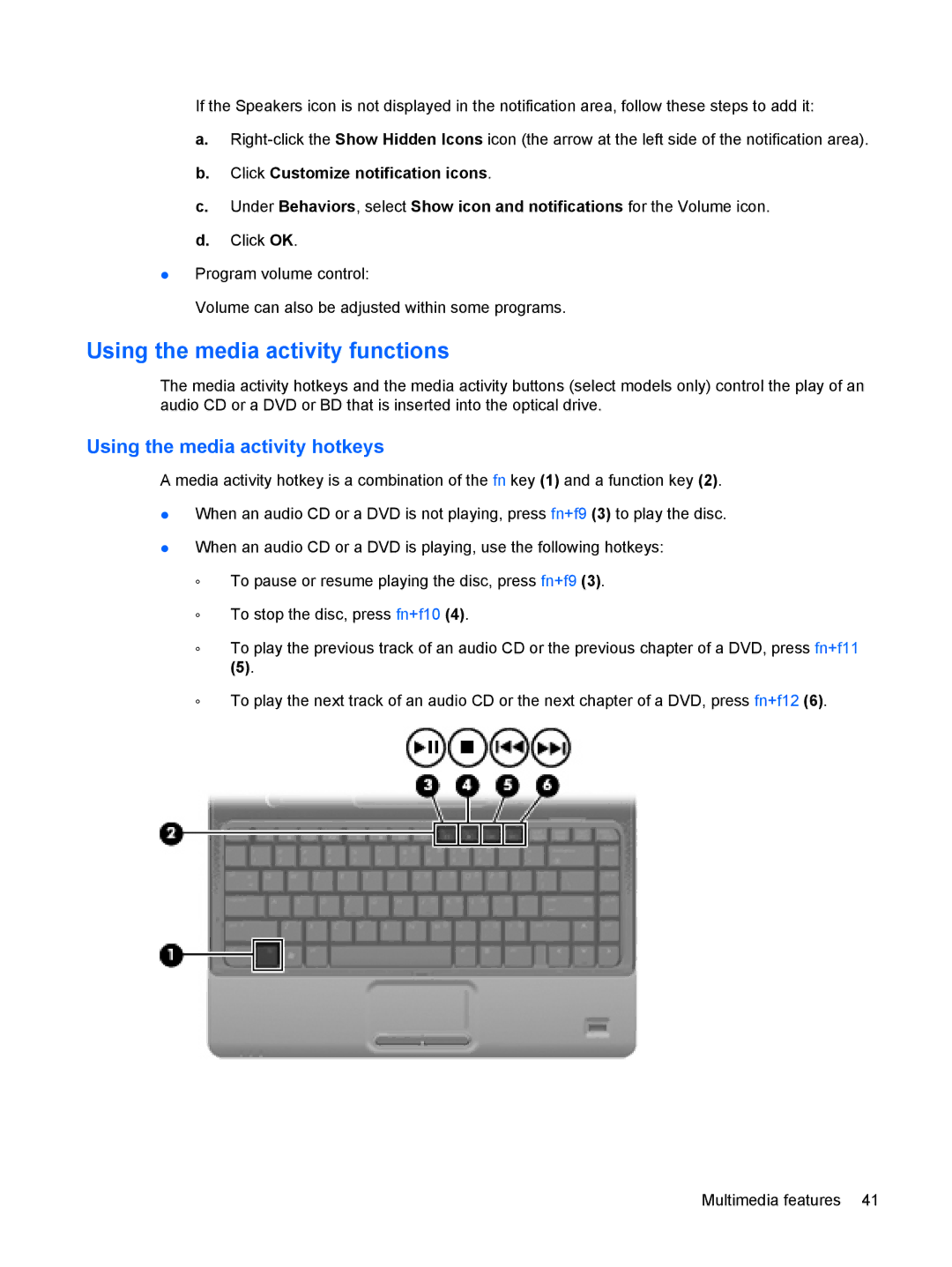 HP CQ36-106TX, CQ35-304TU, CQ36-108TX, CQ36-109TX manual Using the media activity functions, Using the media activity hotkeys 