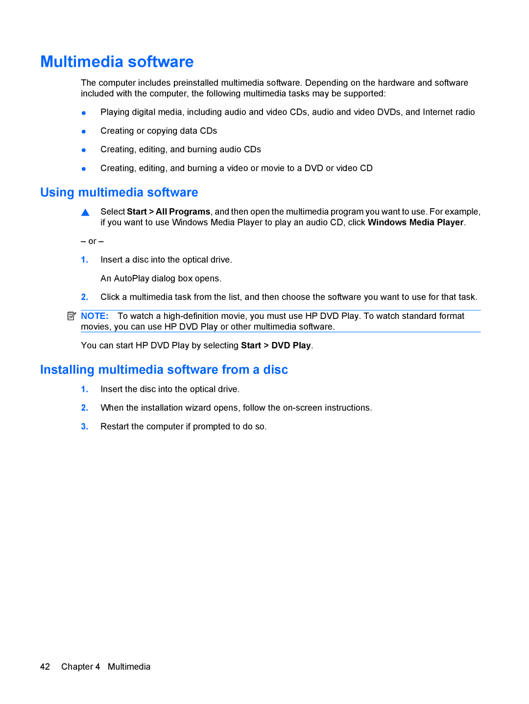 HP CQ36-104TX, CQ35-304TU manual Multimedia software, Using multimedia software, Installing multimedia software from a disc 