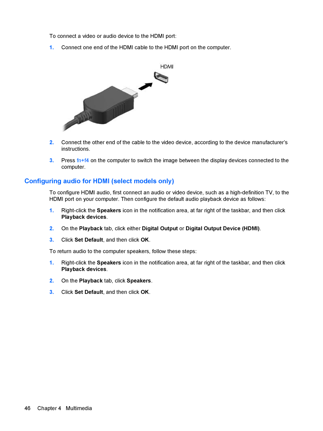 HP CQ35-332TX, CQ35-304TU, CQ36-108TX, CQ36-109TX, CQ36-106TX, CQ36-104TX manual Configuring audio for Hdmi select models only 