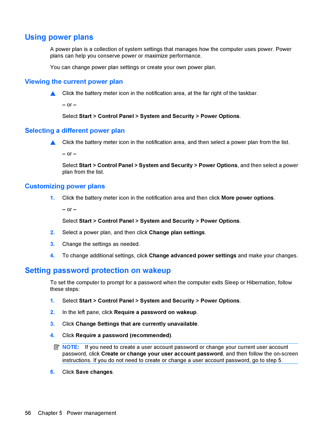 HP CQ36-109TX, CQ35-304TU manual Using power plans, Setting password protection on wakeup, Viewing the current power plan 