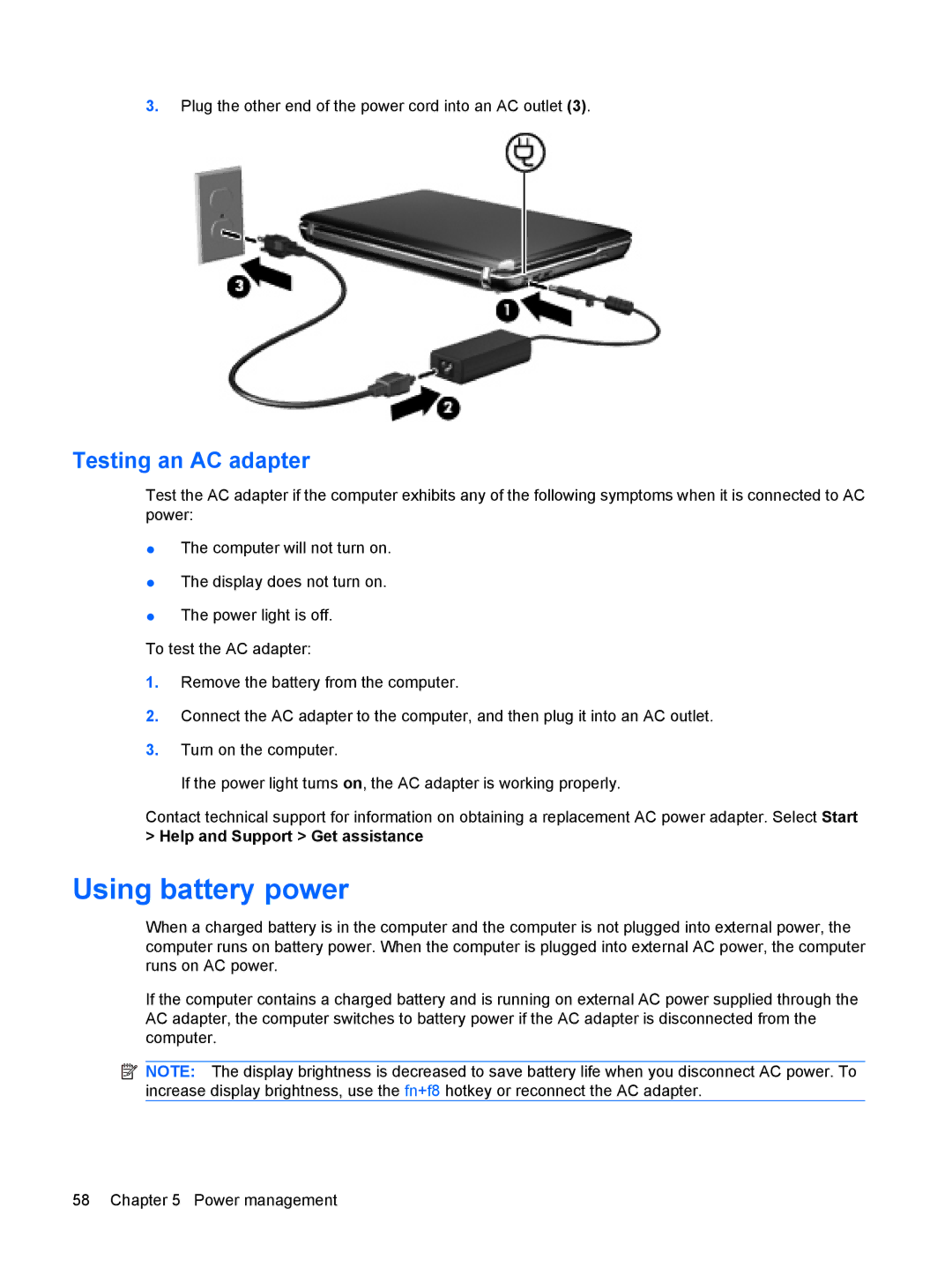 HP CQ36-104TX, CQ35-304TU, CQ36-108TX, CQ36-109TX, CQ36-106TX, CQ35-406TX manual Using battery power, Testing an AC adapter 