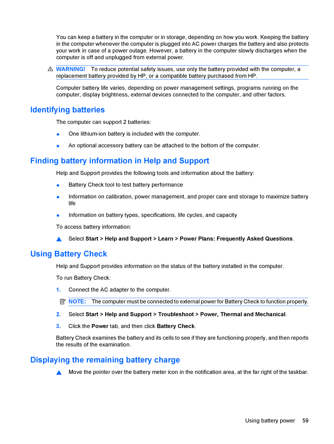 HP CQ35-406TX, CQ35-304TU manual Identifying batteries, Finding battery information in Help and Support, Using Battery Check 