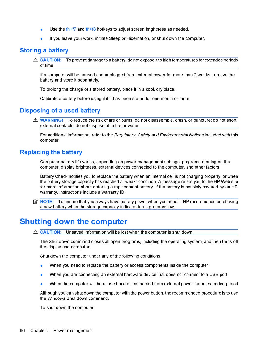 HP CQ35-313TX manual Shutting down the computer, Storing a battery, Disposing of a used battery, Replacing the battery 