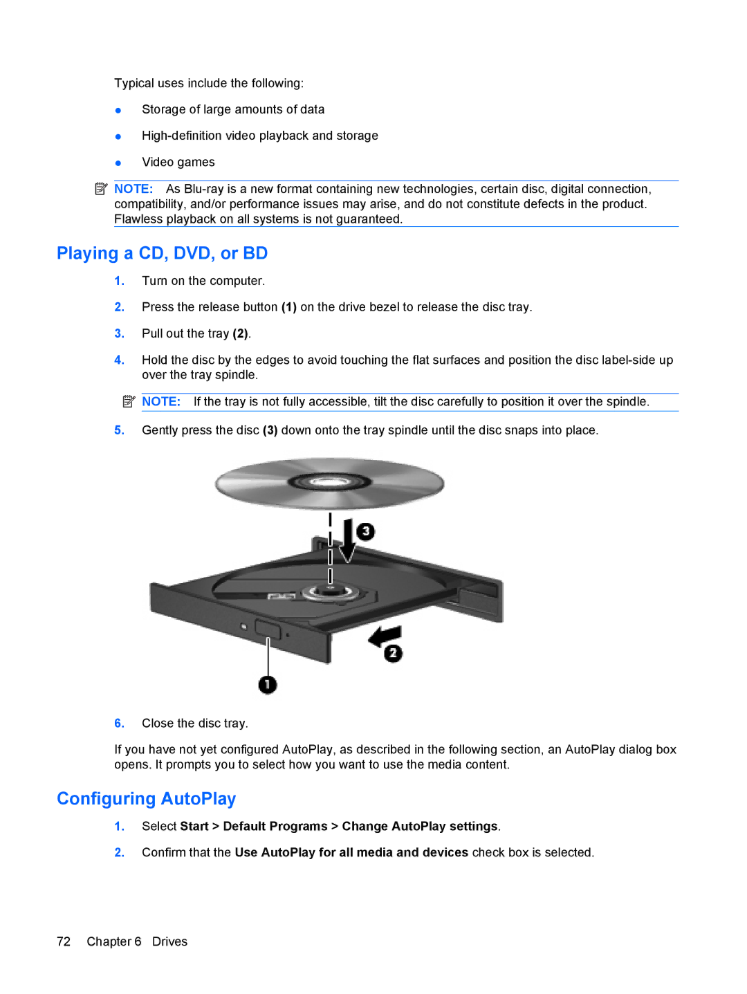 HP CQ36-109TX, CQ35-304TU, CQ36-108TX, CQ36-106TX, CQ36-104TX, CQ35-406TX manual Playing a CD, DVD, or BD, Configuring AutoPlay 