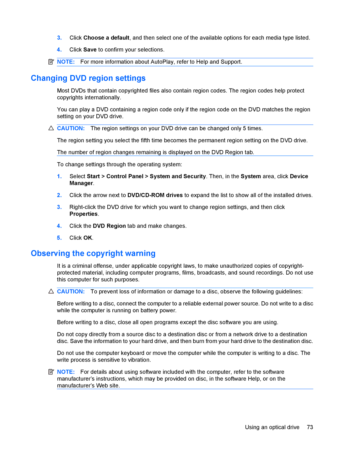 HP CQ36-106TX, CQ35-304TU, CQ36-108TX, CQ36-109TX, CQ36-104TX Changing DVD region settings, Observing the copyright warning 