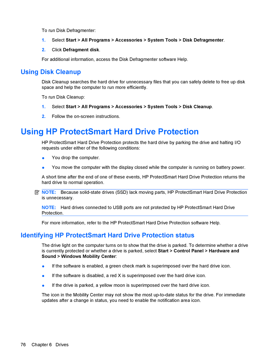 HP CQ35-321TX, CQ35-304TU, CQ36-108TX, CQ36-109TX, CQ36-106TX Using HP ProtectSmart Hard Drive Protection, Using Disk Cleanup 