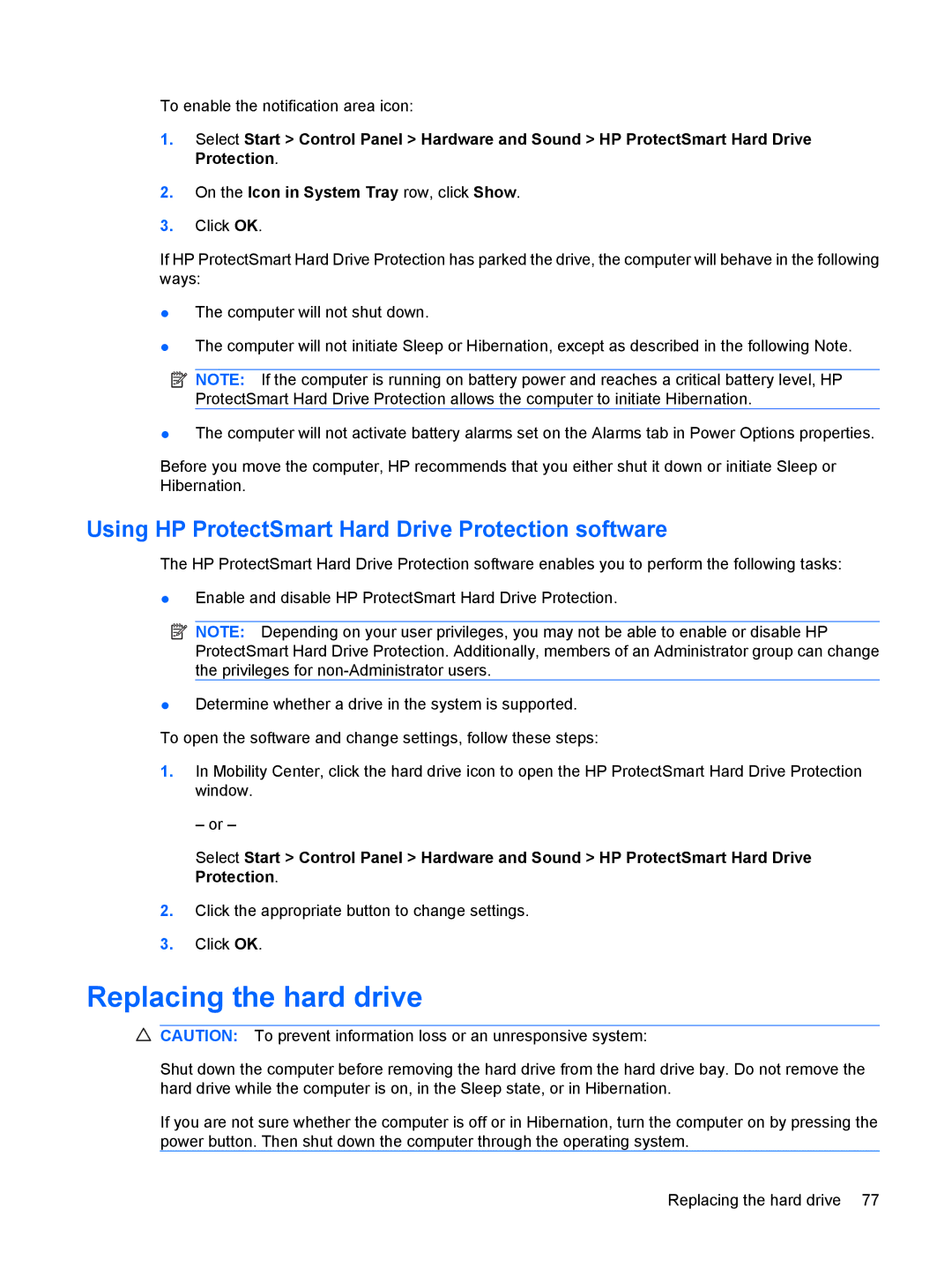 HP CQ35-406TU, CQ35-304TU, CQ36-108TX manual Replacing the hard drive, Using HP ProtectSmart Hard Drive Protection software 