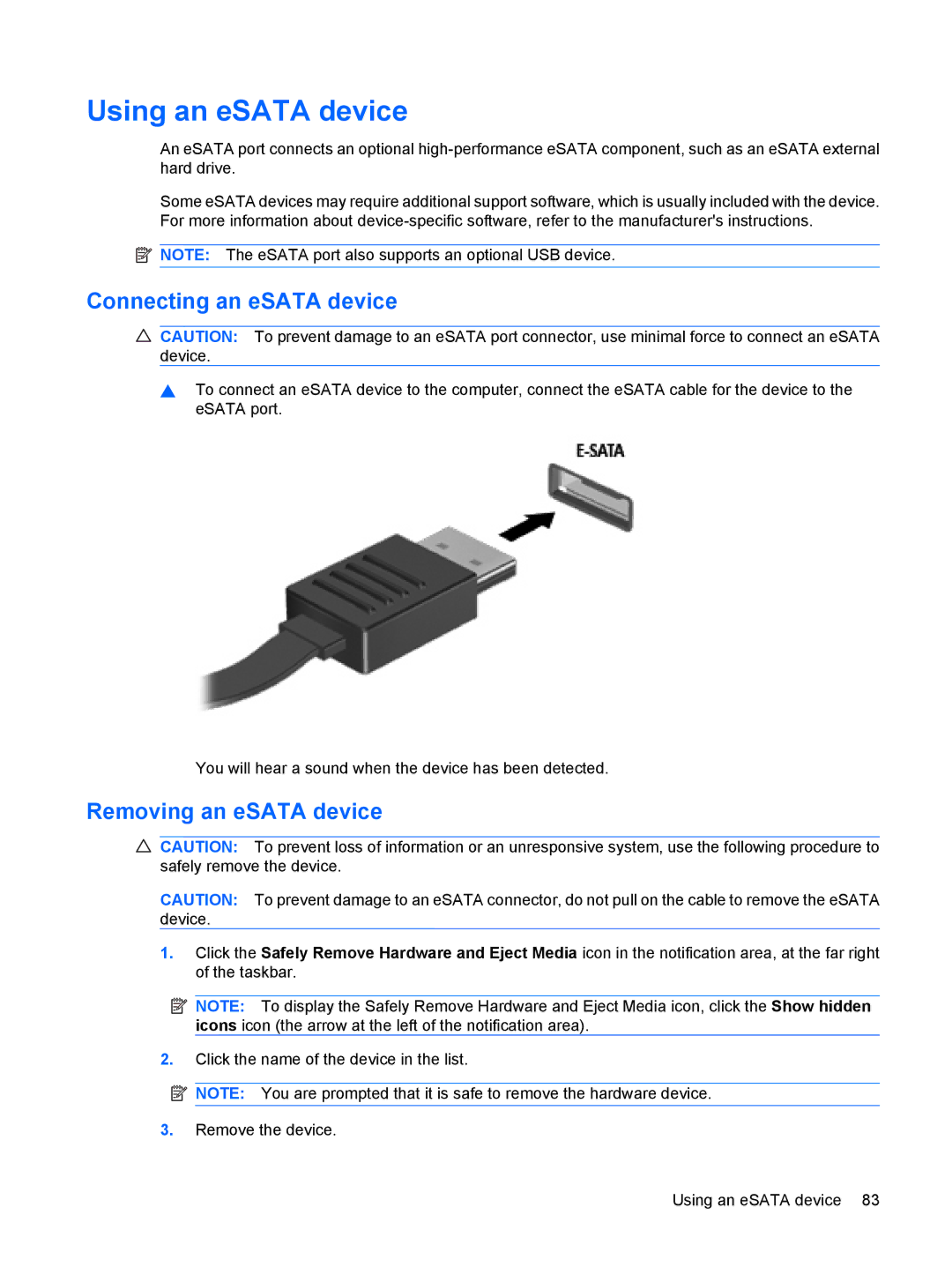 HP CQ35-303TX, CQ35-304TU, CQ36-108TX manual Using an eSATA device, Connecting an eSATA device, Removing an eSATA device 