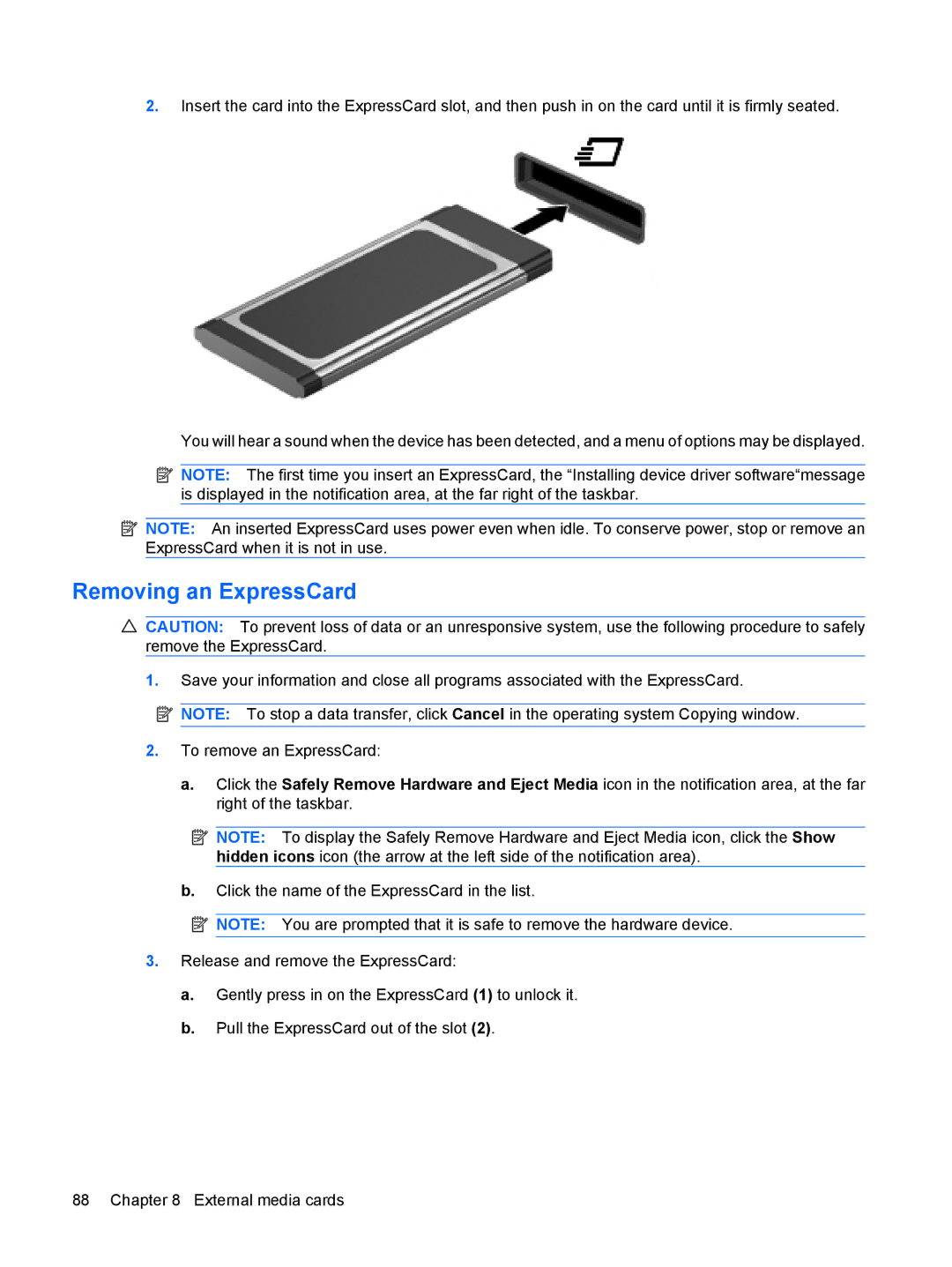 HP CQ36-109TX, CQ35-304TU, CQ36-108TX, CQ36-106TX, CQ36-104TX, CQ35-406TX, CQ35-321TX, CQ35-406TU manual Removing an ExpressCard 