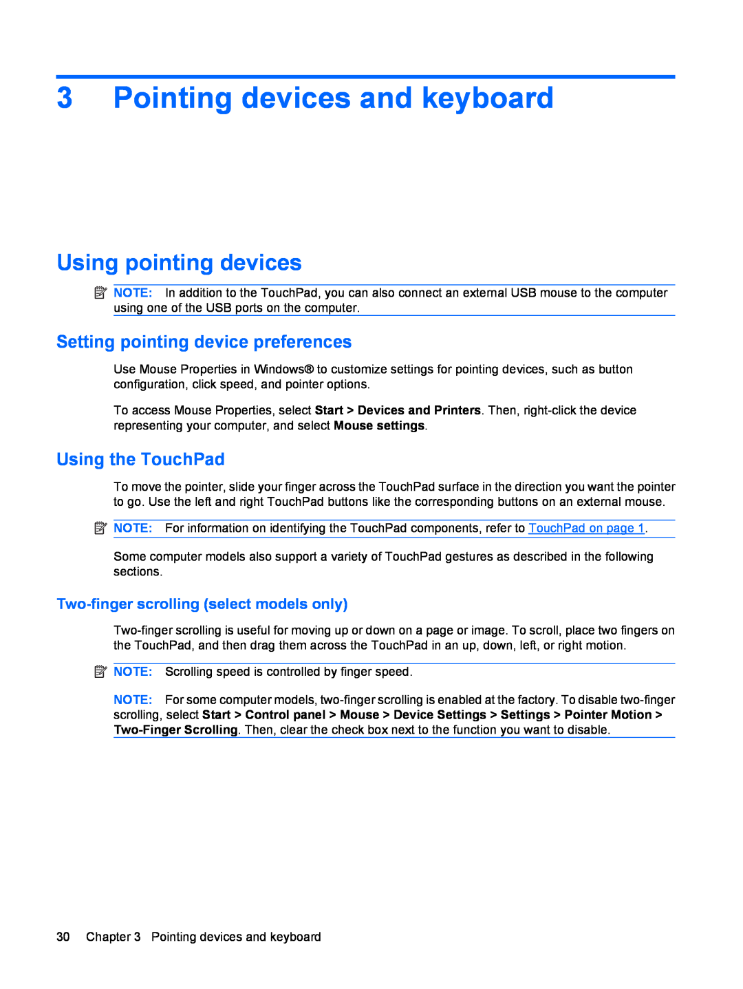 HP CQ35-332TX, CQ35-304TU manual Pointing devices and keyboard, Using pointing devices, Setting pointing device preferences 