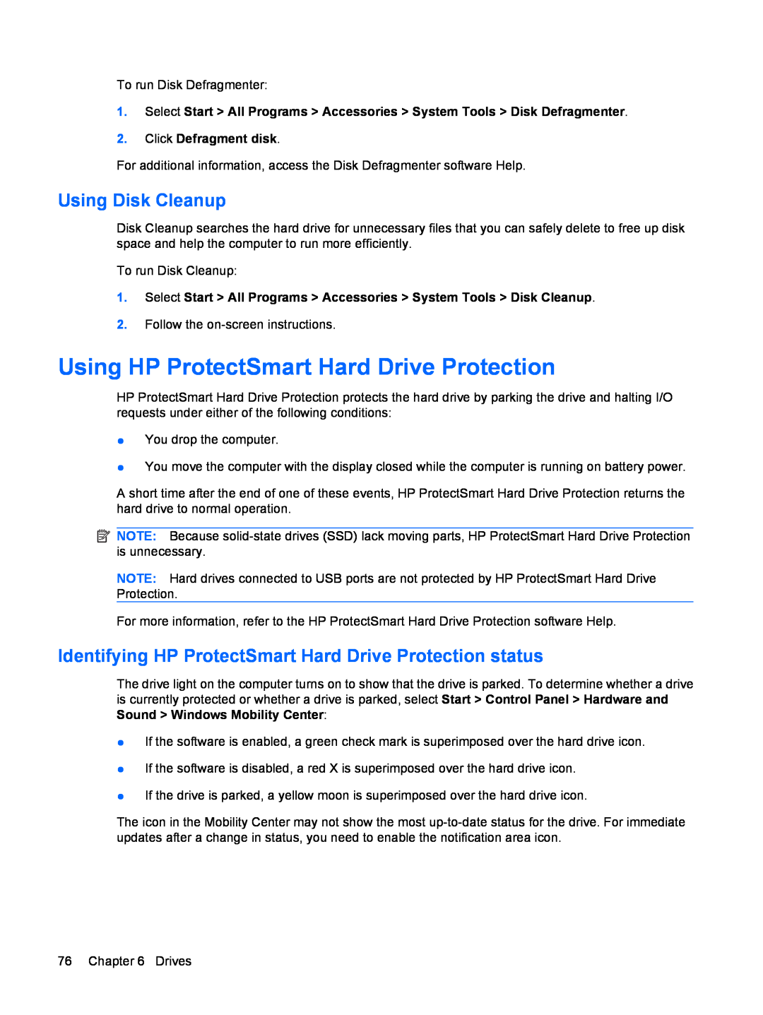 HP CQ35-321TX, CQ35-304TU manual Using HP ProtectSmart Hard Drive Protection, Using Disk Cleanup, Click Defragment disk 