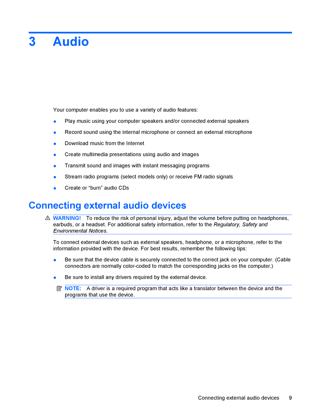 HP CQ40-115AX, CQ40-300, CQ40-152XX, CQ40-151XX, CQ40-200, CQ40-201XX, CQ40-148TU manual Audio, Connecting external audio devices 