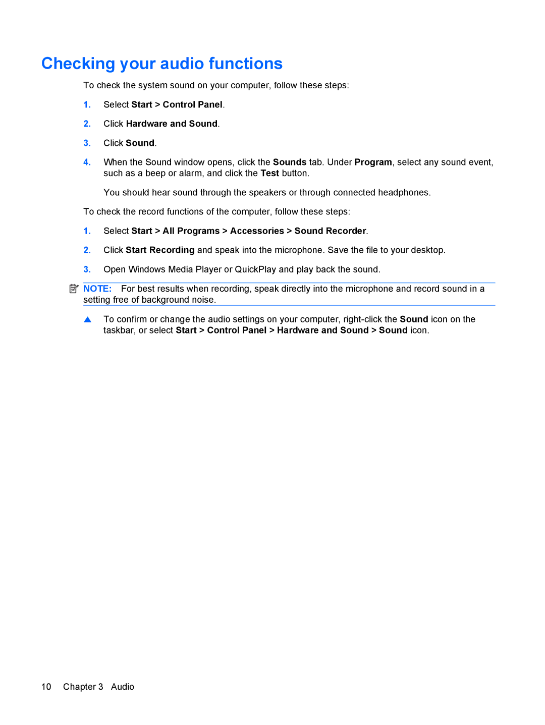 HP CQ40-115AU, CQ40-300, CQ40-152XX manual Checking your audio functions, Select Start Control Panel Click Hardware and Sound 