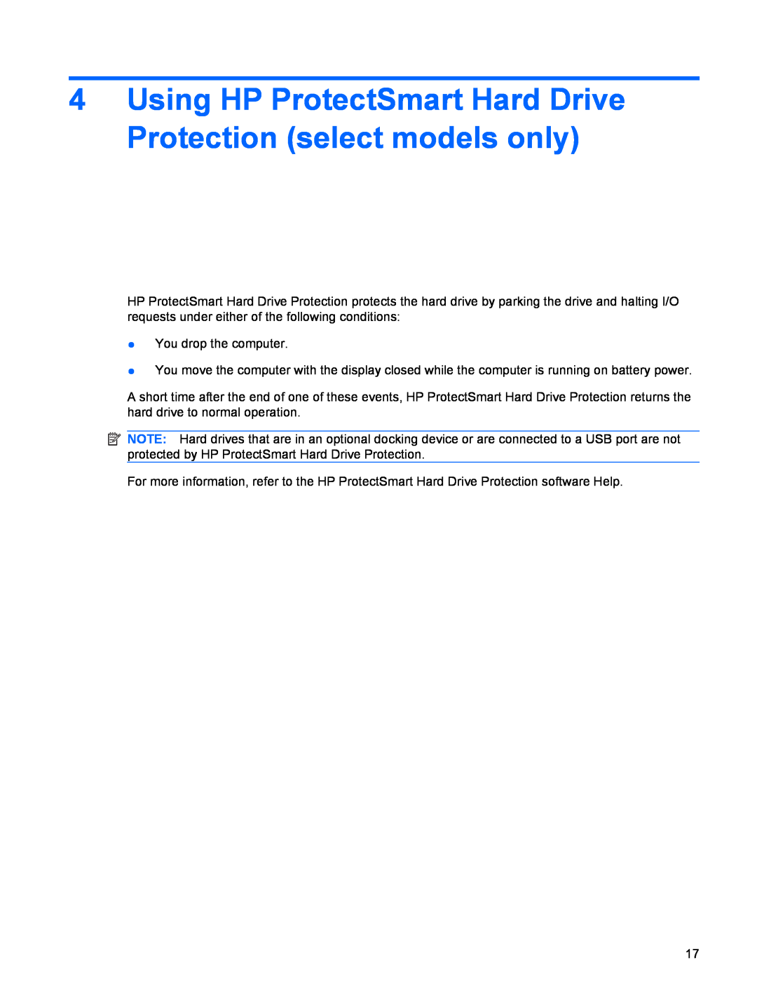 HP CQ40-110AU, CQ40-300, CQ40-152XX, CQ40-151XX, CQ40-200 manual Using HP ProtectSmart Hard Drive Protection select models only 