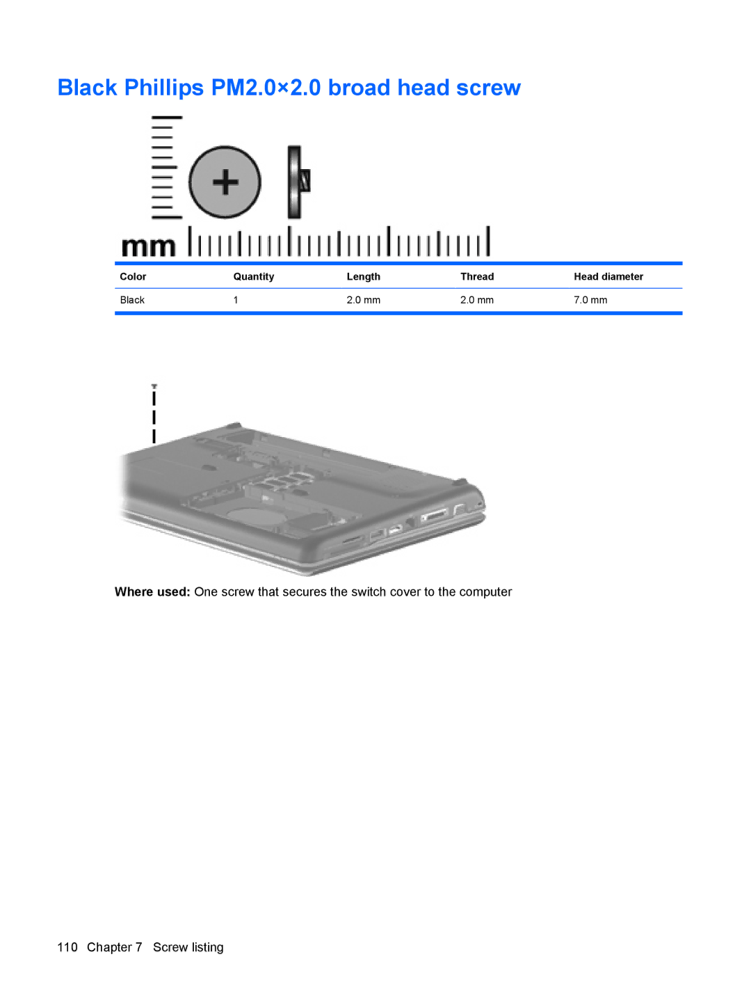 HP CQ40-118AX, CQ40-300, CQ40-152XX, CQ40-151XX, CQ40-201XX, CQ40-148TU, CQ40-120TU Black Phillips PM2.0×2.0 broad head screw 