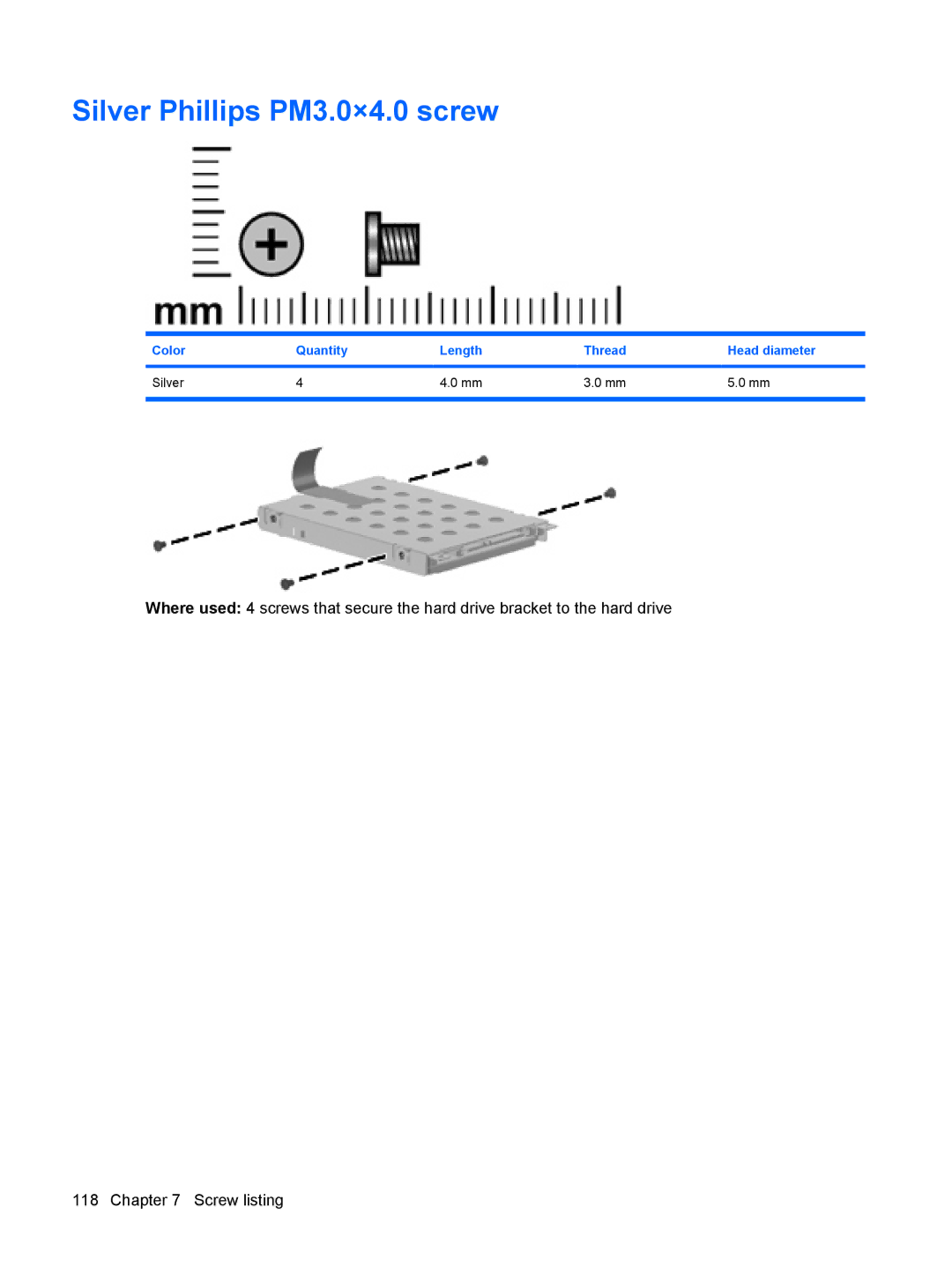 HP CQ40-112AX, CQ40-300, CQ40-152XX manual Silver Phillips PM3.0×4.0 screw, Color Quantity Length Thread Head diameter Silver 