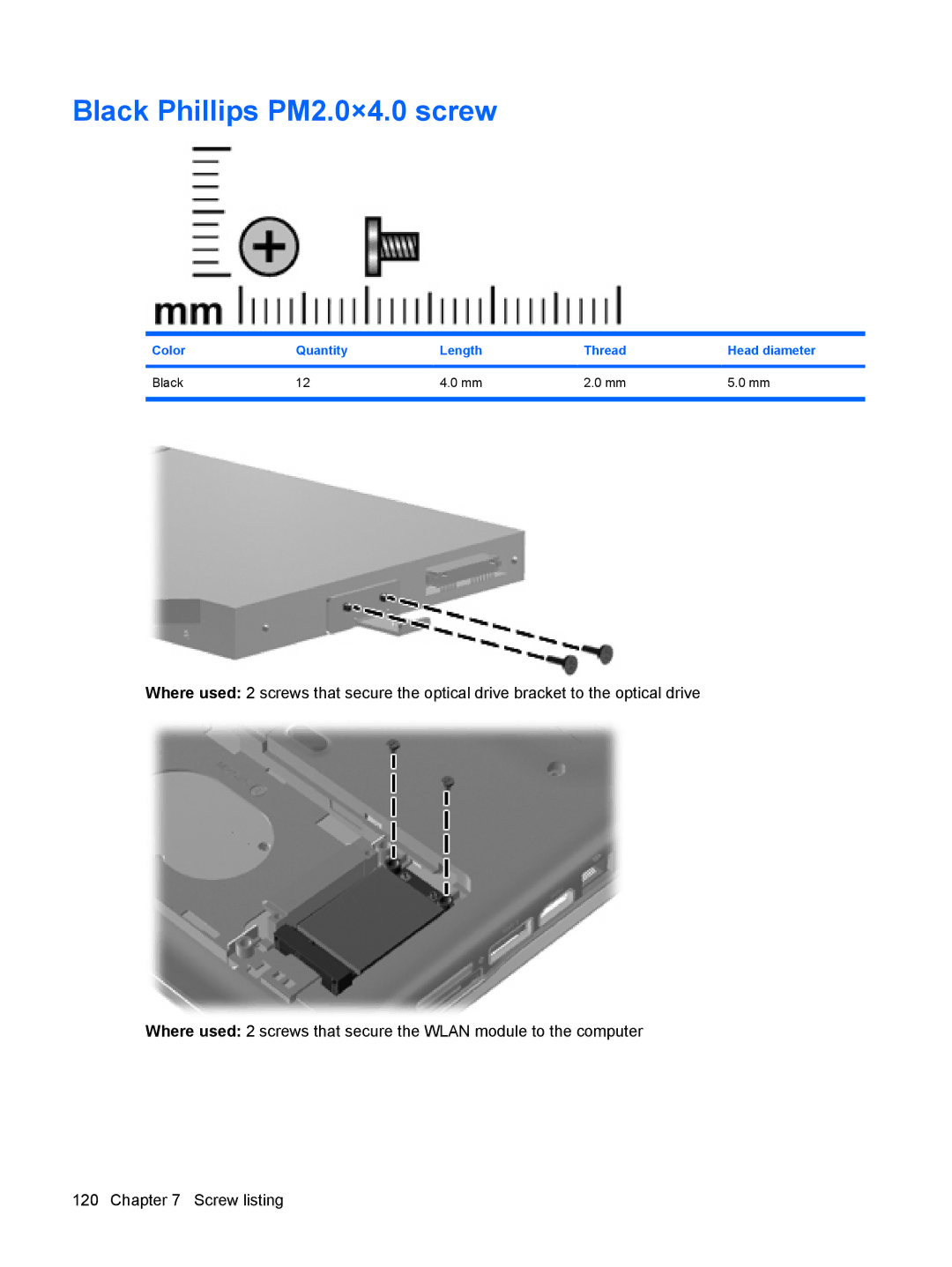 HP CQ40-111AX, CQ40-300, CQ40-152XX manual Black Phillips PM2.0×4.0 screw, Color Quantity Length Thread Head diameter Black 