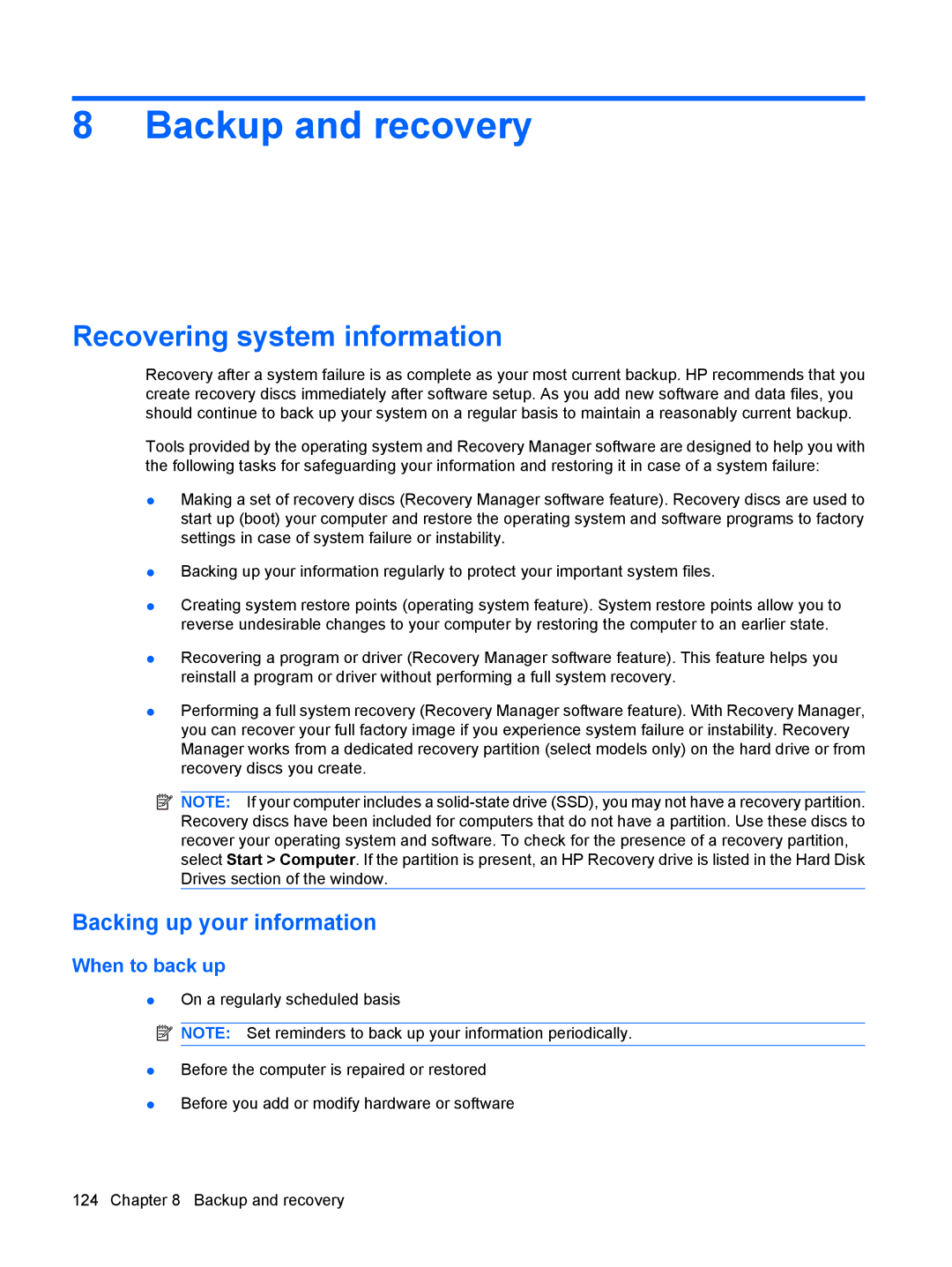 HP CQ40-120AX, CQ40-300, CQ40-152XX manual Backup and recovery, Recovering system information, Backing up your information 