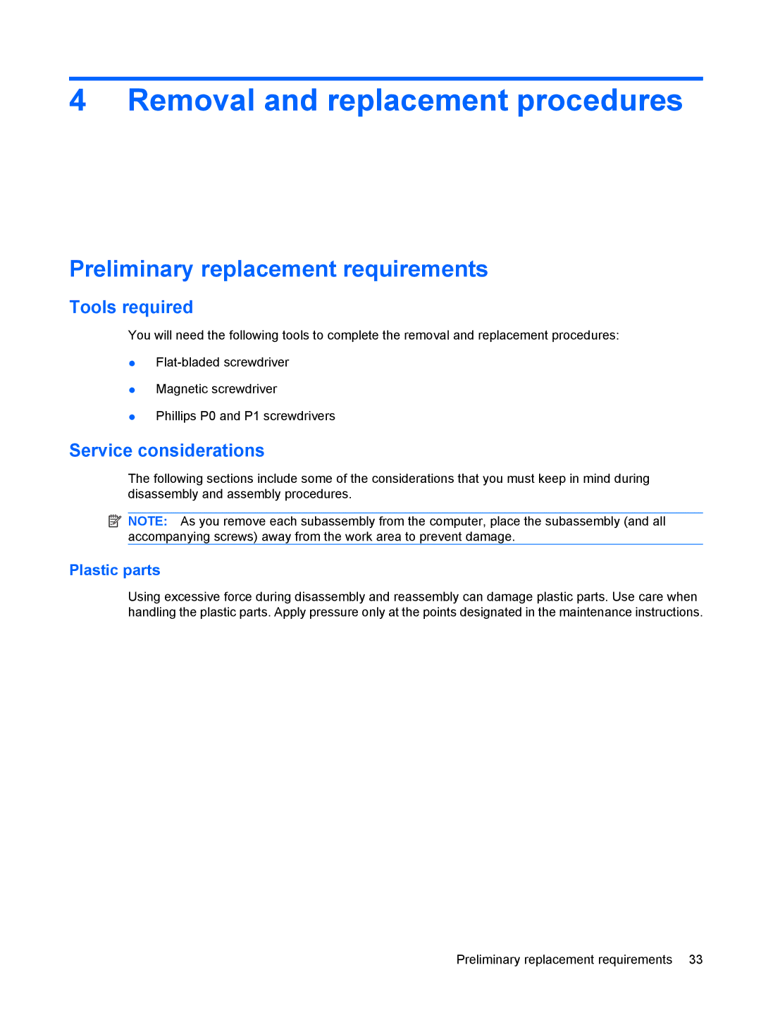 HP CQ40-126AX, CQ40-300 manual Removal and replacement procedures, Preliminary replacement requirements, Tools required 