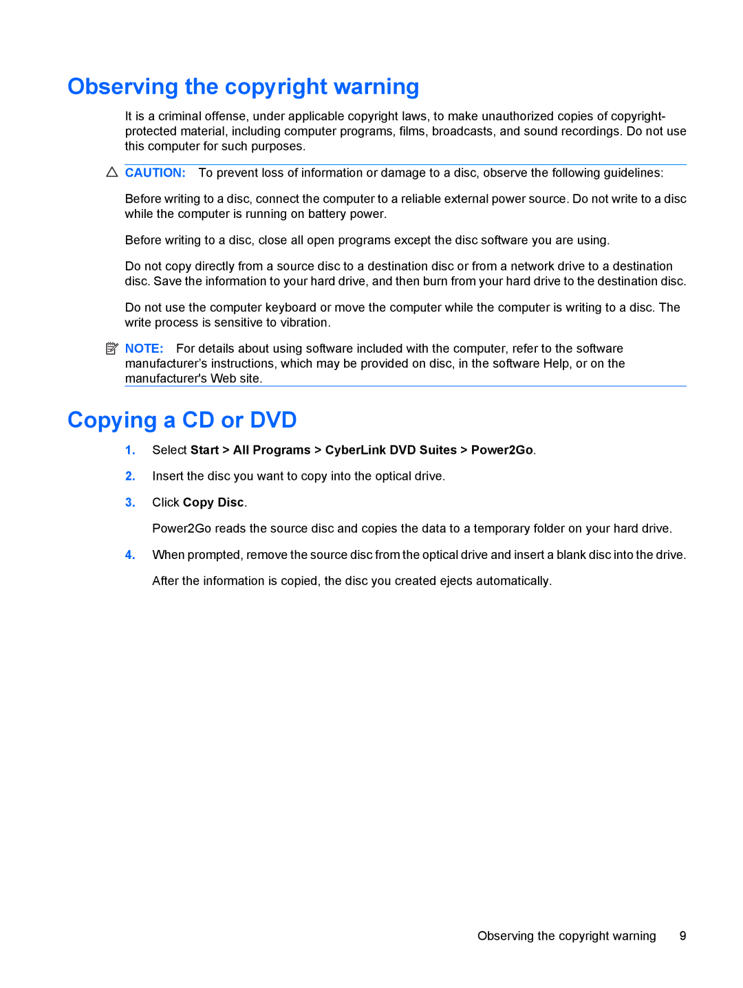 HP CQ40-304AX, CQ40-315TU, CQ40-311AX, CQ40-314AX manual Observing the copyright warning, Copying a CD or DVD, Click Copy Disc 