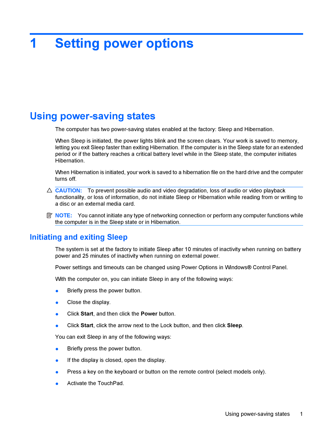 HP CQ40-310TU, CQ40-315TU, CQ40-312AU manual Setting power options, Using power-saving states, Initiating and exiting Sleep 