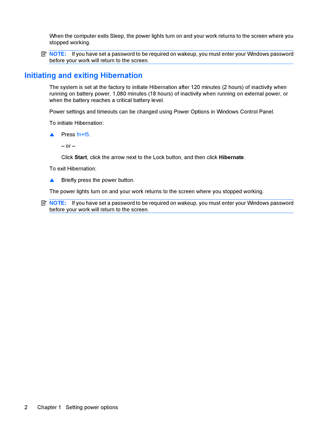 HP CQ40-311AU, CQ40-315TU, CQ40-312AU, CQ40-311AX, CQ40-314AX, CQ40-317AX, CQ40-310AX manual Initiating and exiting Hibernation 