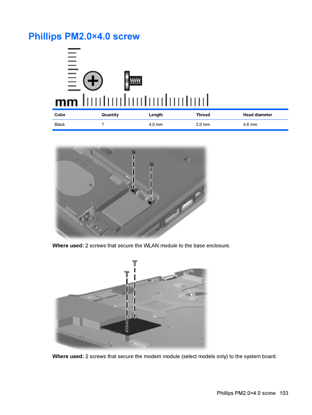 HP CQ40-404AX, CQ40-416TU, CQ40-417TU, CQ40-408AU, CQ40-421AX, CQ40-409TU manual Phillips PM2.0×4.0 screw 