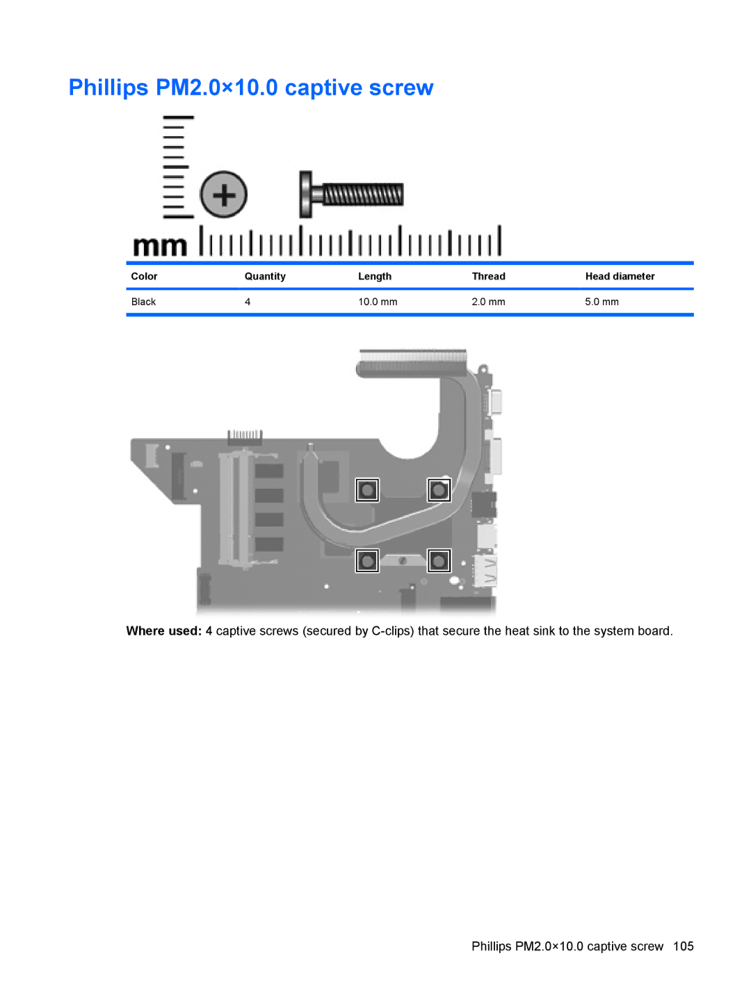 HP CQ40-409TU, CQ40-416TU manual Phillips PM2.0×10.0 captive screw, Color Quantity Length Thread Head diameter Black 10.0 mm 