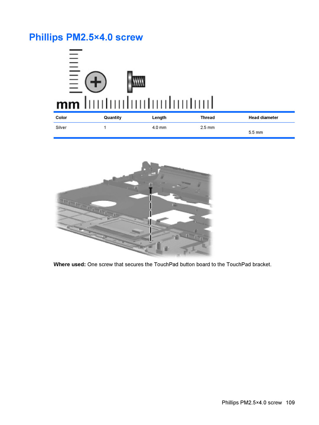 HP CQ40-404AX, CQ40-416TU, CQ40-417TU manual Phillips PM2.5×4.0 screw, Color Quantity Length Thread Head diameter Silver 