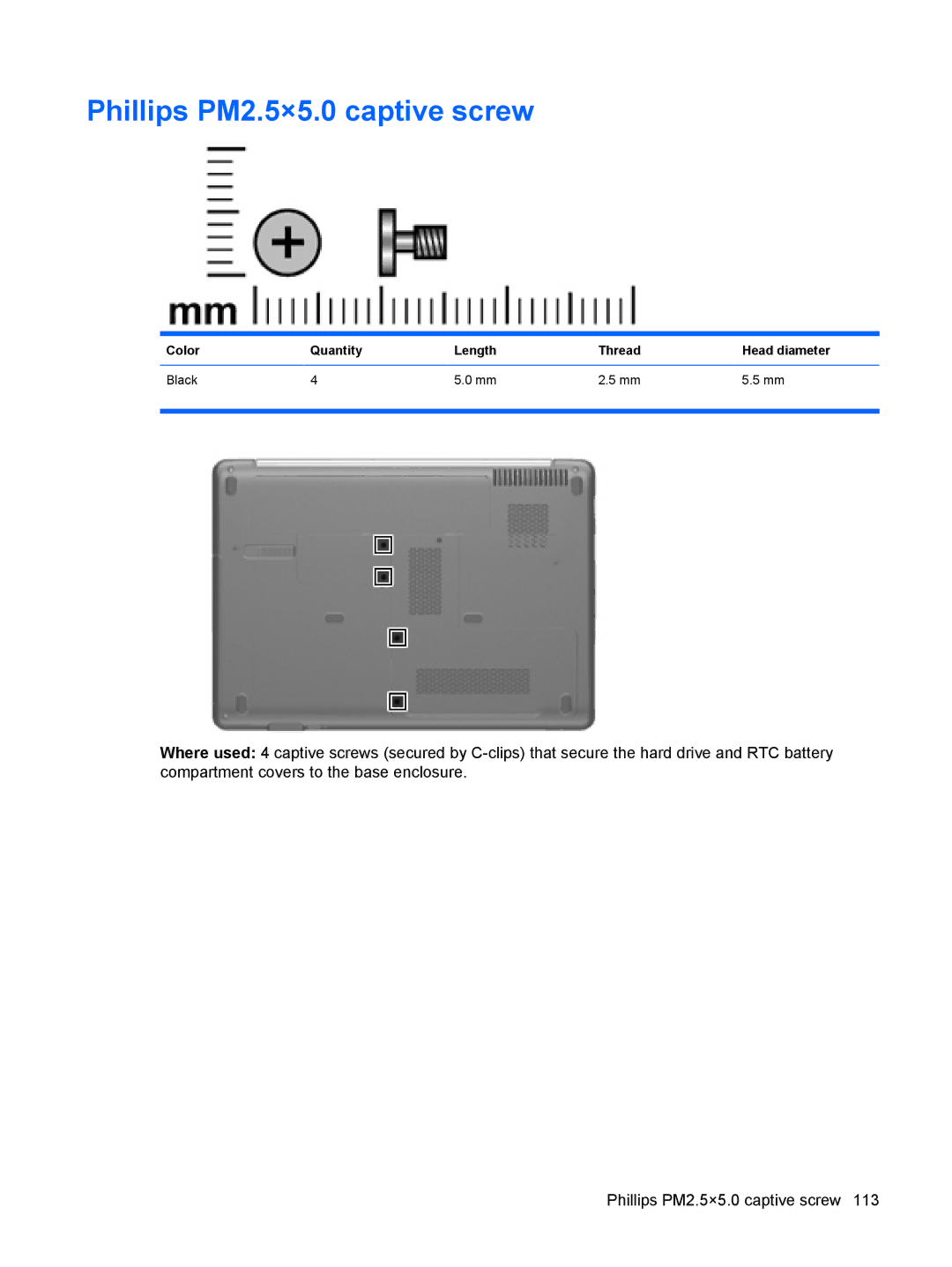 HP CQ40-417TU, CQ40-416TU, CQ40-408AU Phillips PM2.5×5.0 captive screw, Color Quantity Length Thread Head diameter Black 