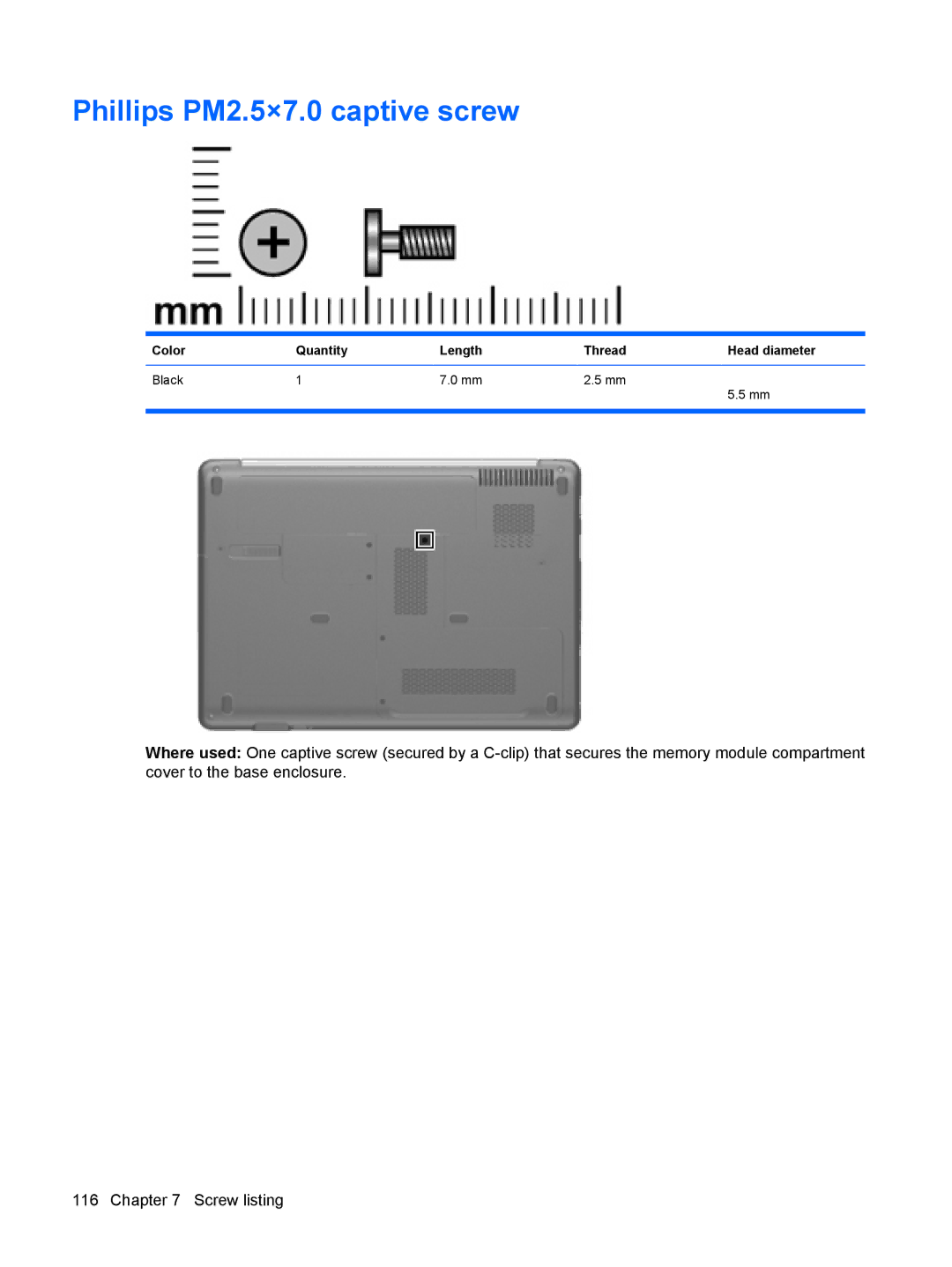 HP CQ40-421AX, CQ40-416TU, CQ40-417TU, CQ40-408AU, CQ40-404AX, CQ40-409TU manual Phillips PM2.5×7.0 captive screw 