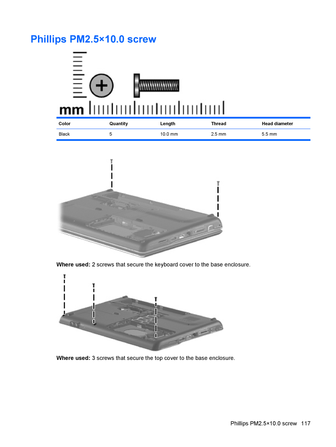 HP CQ40-409TU, CQ40-416TU, CQ40-417TU Phillips PM2.5×10.0 screw, Color Quantity Length Thread Head diameter Black 10.0 mm 