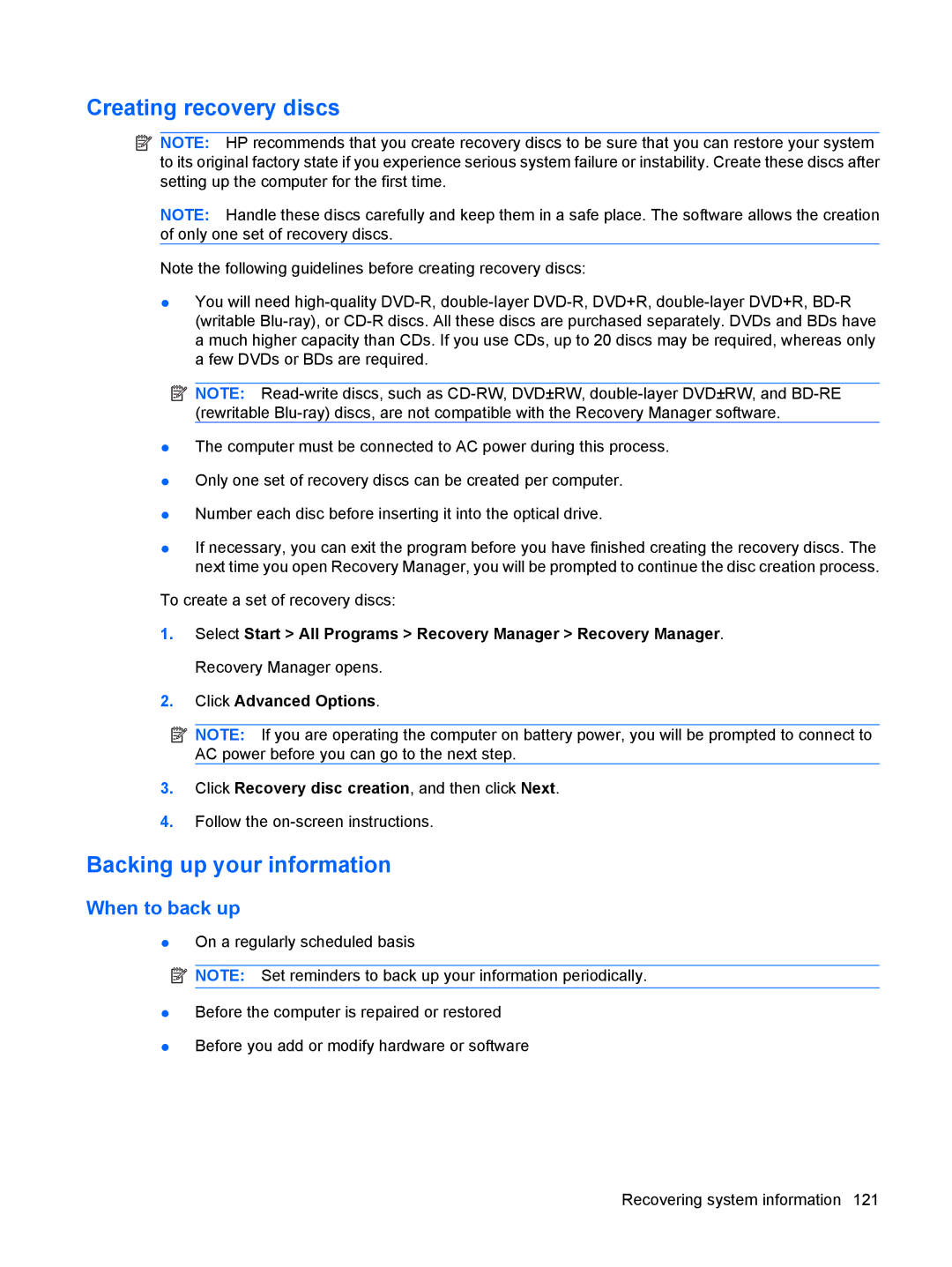 HP CQ40-404AX, CQ40-416TU, CQ40-417TU, CQ40-408AU, CQ40-421AX, CQ40-409TU Creating recovery discs, Backing up your information 